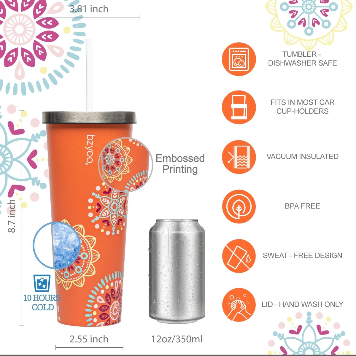 24oz Double Wall Vacuum Insulated Stainless Steel Tumbler with Straw Lid - Floral Orange Design | Leakproof & Sweatproof | Perfect for Coffee, Iced Tea & Outdoor Activities