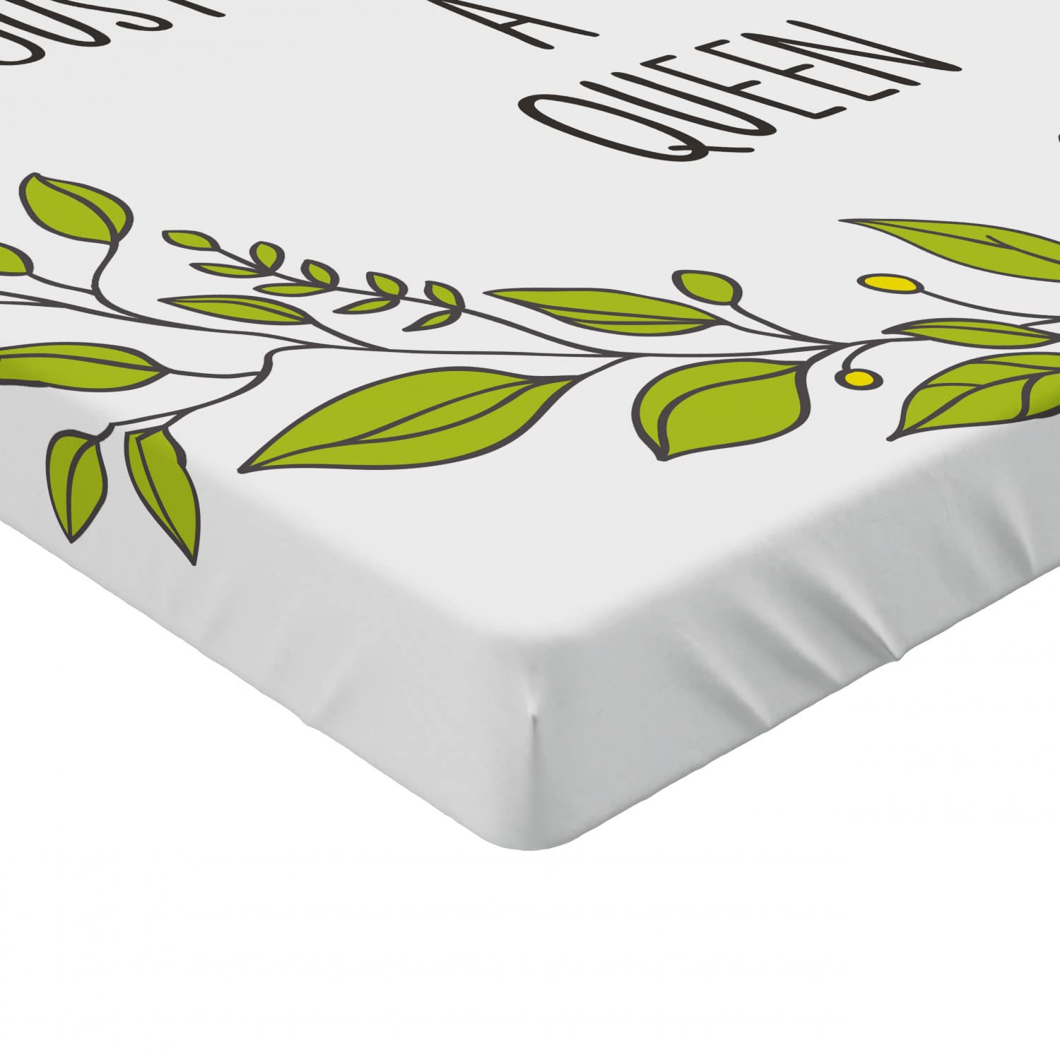Ambesonne Queen Fitted Sheet - Wreath Branches with 'Just Call Me Queen' Lettering & Crown Design, Deep Pocket All-Around Elastic Bed Cover, Queen Size in Grey Apple Green | Perfect for Guest Rooms, Master Bedrooms & Luxury Hotel Stays
