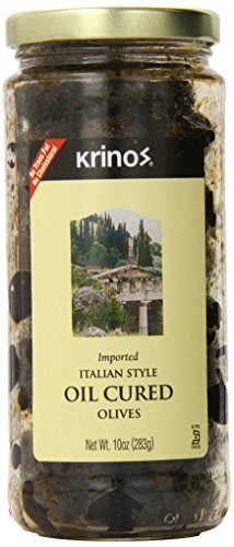 Premium Krinos Italian Style Oil Cured Olives - 10 oz Jar | Gourmet Appetizer, Charcuterie Board & Mediterranean Cooking Ingredient