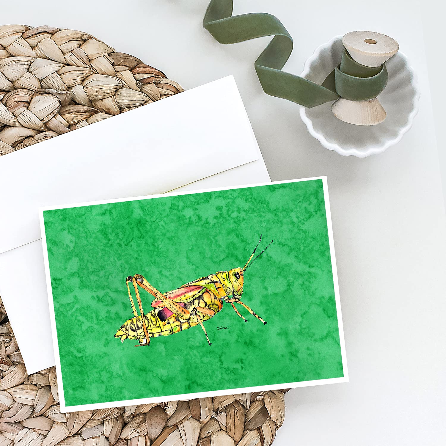 Grasshopper on Green Blank Greeting Cards & Envelopes - Pack of 8 A7 Size (5x7) Whimsical Note Cards for Birthdays, Thank You Notes & Special Occasions | Caroline's Treasures 8849GCA7P