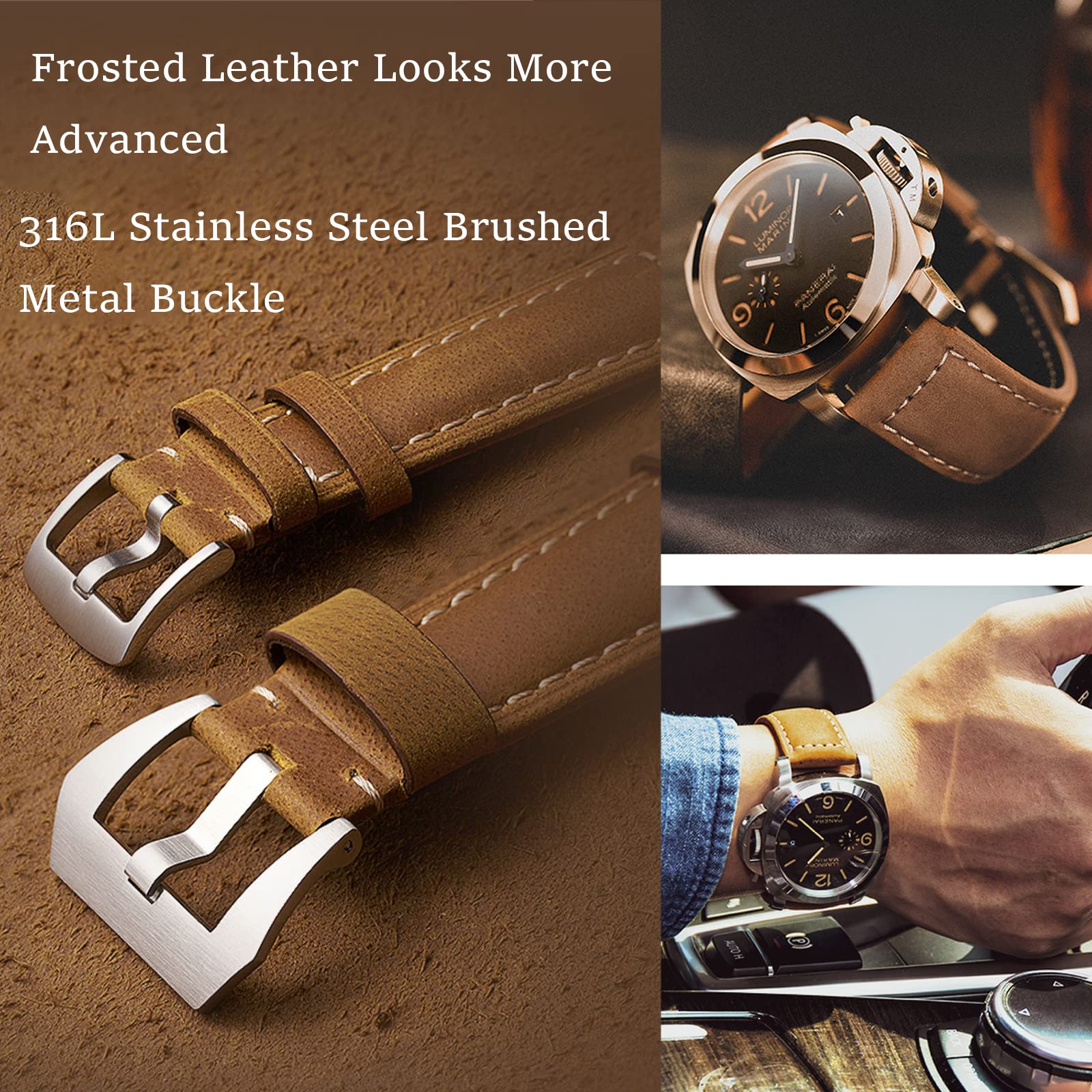 Leather Watch Bands for Men - Vintage Top Grain Genuine Leather Watch Strap Compatible with Panerai, 20mm 22mm 24mm 26mm Replacement Band - Perfect for Casual, Business & Dress Watches