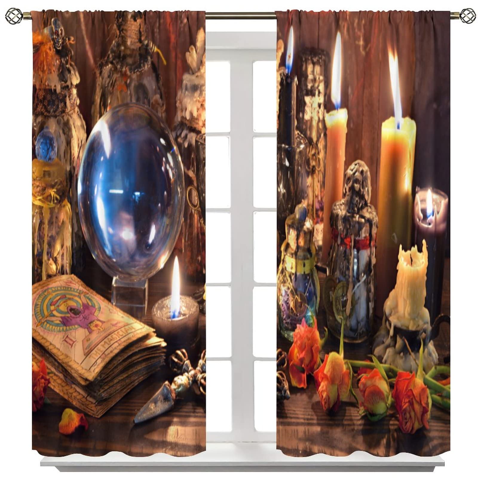 Gothic Witchcraft Magic Printed Blackout Curtains - Tarot Alchemy Window Drapes for Bedroom, Living Room & Kitchen - Halloween Decor (2 Panels, 42x45 Inches) - Perfect for Spooky Themed Rooms & Witchy Aesthetic Home Decor