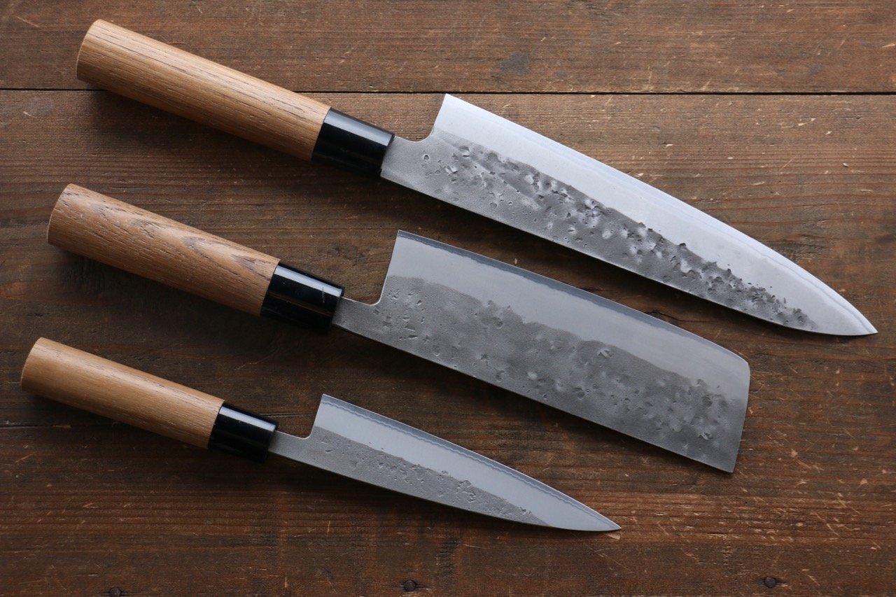 Premium Seisuke Blue Steel No.2 Nashiji Gyuto, Nakiri & Petty Knife Set - Japanese Damascus Chef Knives for Professional Cooking, Sushi & Meat Cutting - Perfect for Home Chefs & Culinary Enthusiasts
