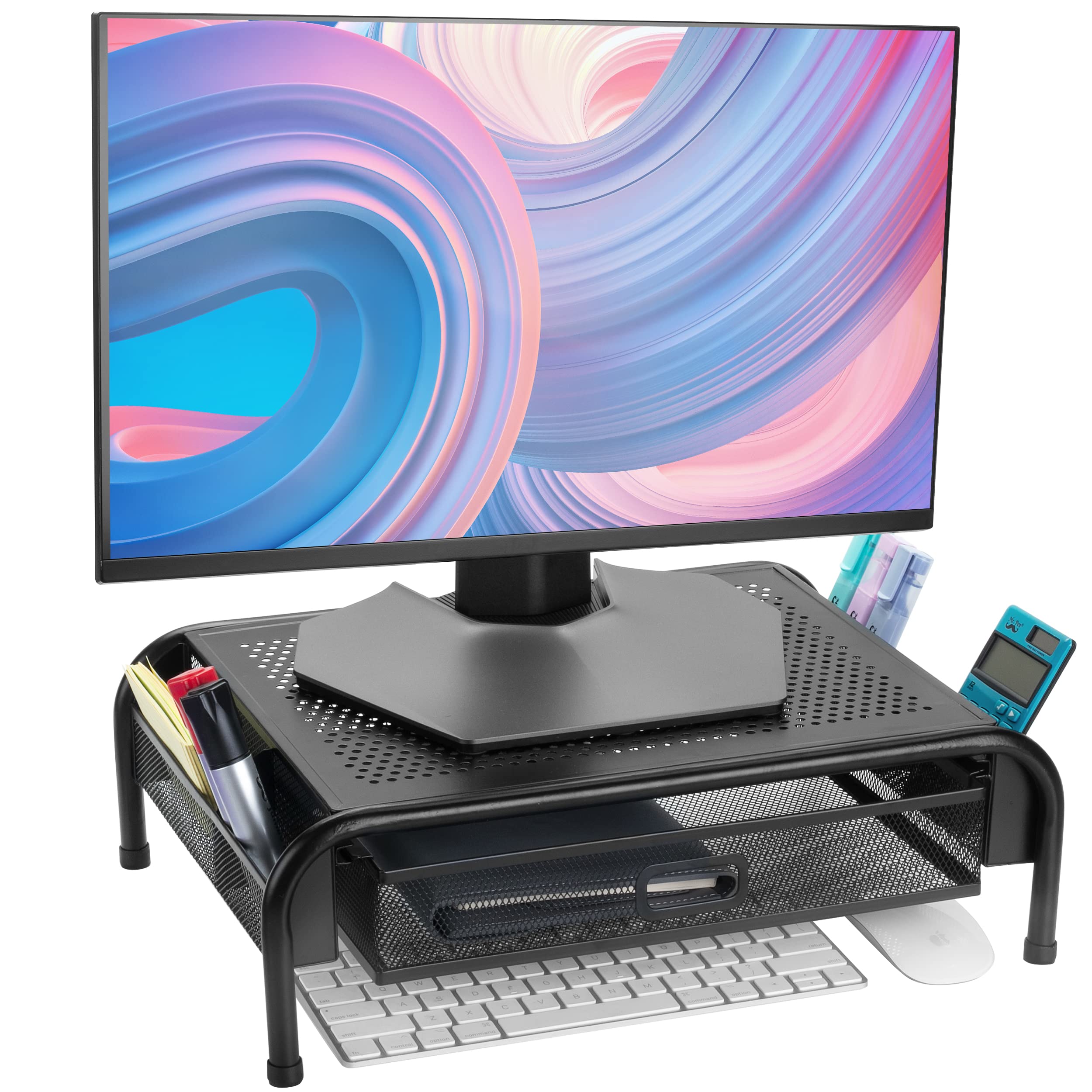Mr. Pen - Adjustable Metal Mesh Monitor Stand with Storage Drawer, Ergonomic Computer Riser for Home & Office Desk - Perfect for Dual Monitors, Laptops & Workspace Organization