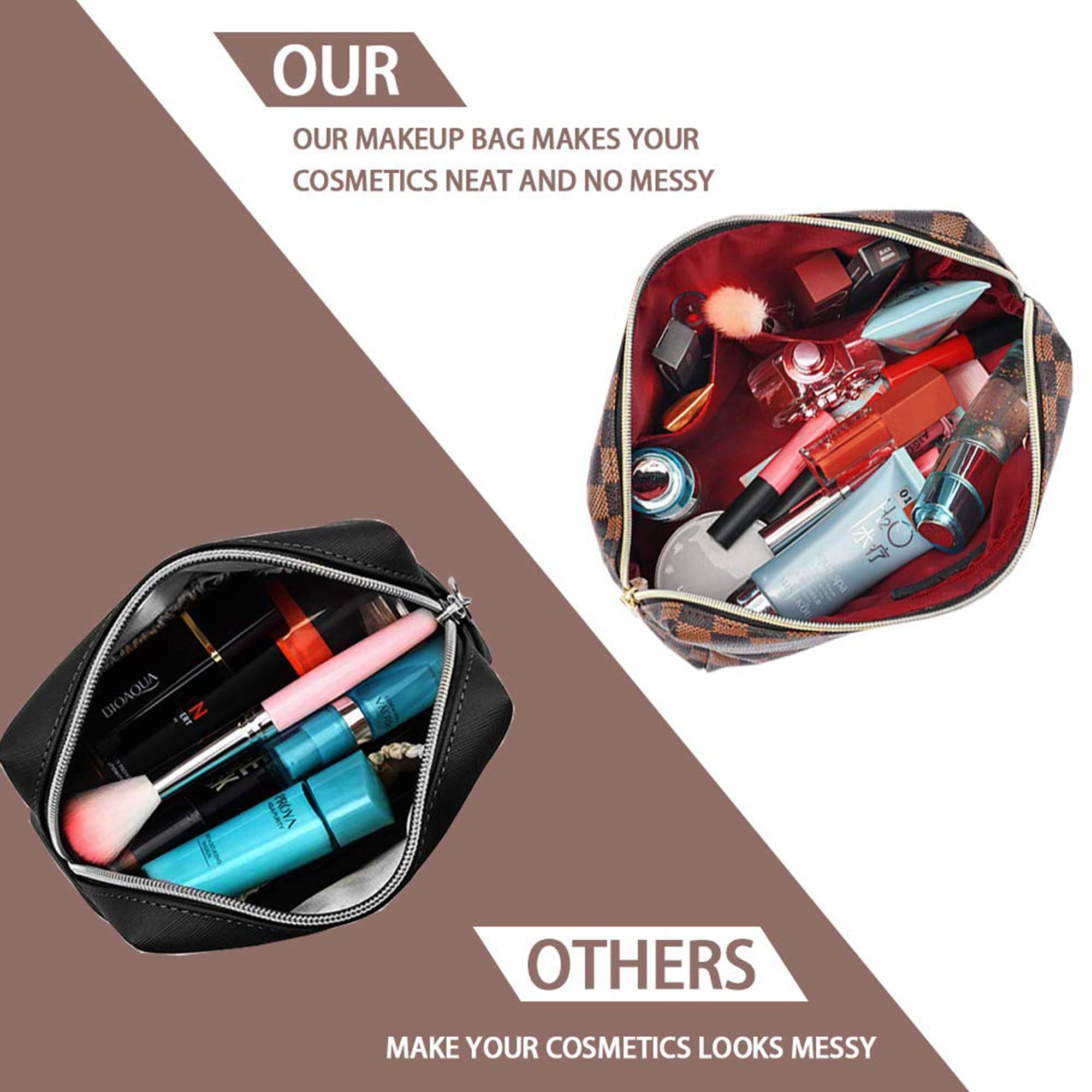 Stylish Leather Checkered Makeup Bag 2-Pack - Large Capacity Waterproof Cosmetic Organizer for Women | Travel Toiletry Case, Christmas Gift Idea for Makeup Lovers (Perfect for Air Travel, Gym Essentials & Daily Beauty Storage)