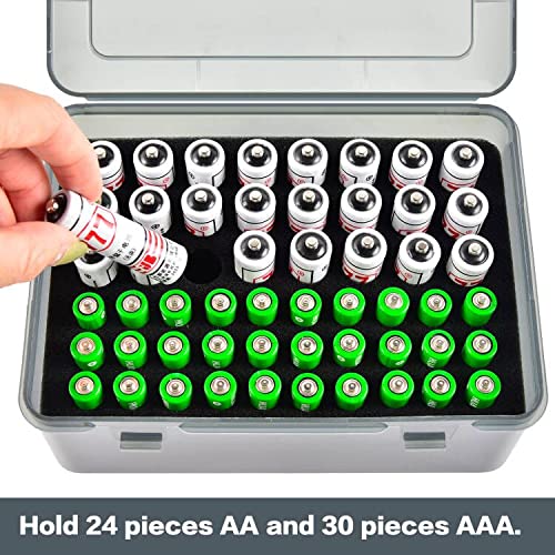 FULLCASE 54-Slot AA AAA Battery Storage Organizer - Gray Plastic Battery Case Holder for Home, Garage & Office Organization - Perfect for Drawer Storage & Battery Dispenser (Case Only)
