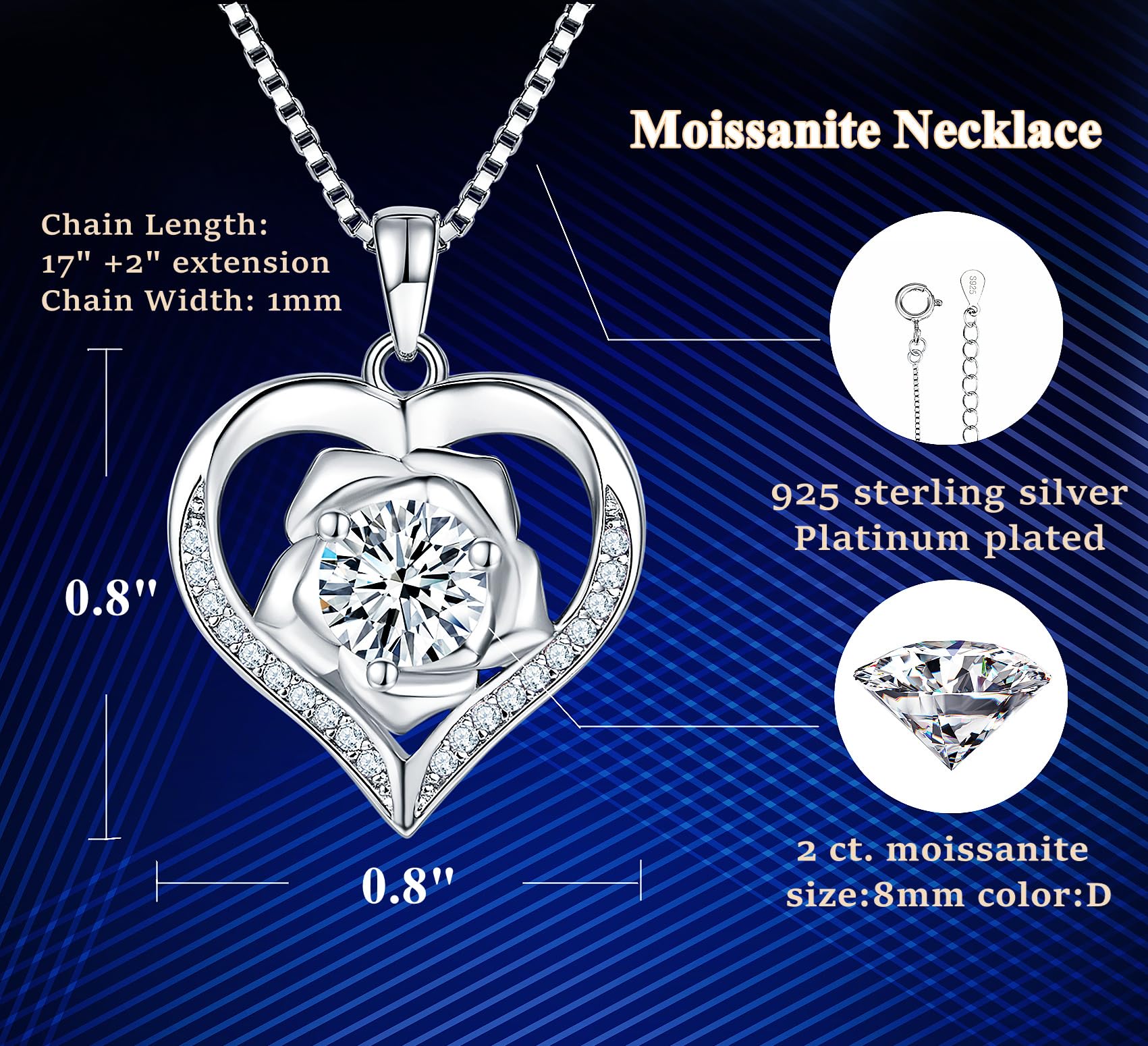 1-2 Carat Moissanite Heart Pendant Necklace for Women - 925 Sterling Silver Anniversary & Birthday Jewelry Gift for Wife, Girlfriend, Her - Perfect for Valentine's Day, Wedding, Engagement & Romantic Occasions