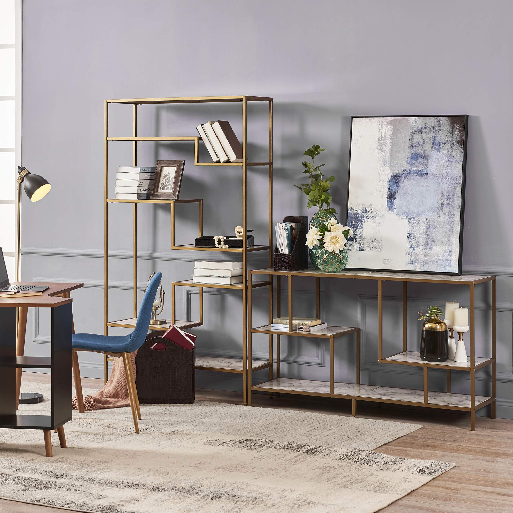 Teamson Home Marmo Sideboard Storage Cabinet TV Stand with Faux Marble Top - 32 Inch Height, Brass Finish - Modern Living Room, Bedroom & Office Furniture for Home Decor & Entertainment Storage