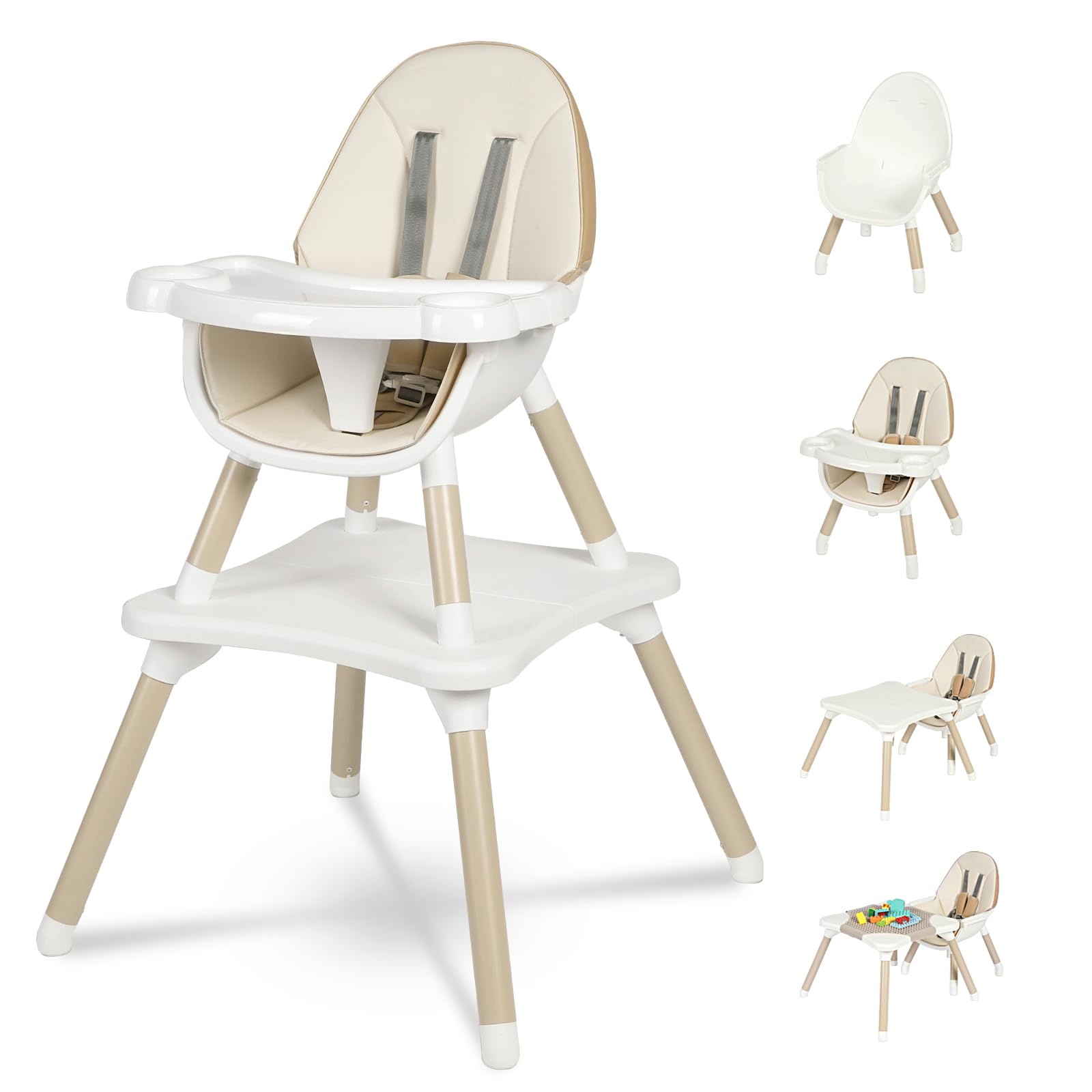 Gofirst 6-in-1 Convertible Baby High Chair with 5-Point Harness - Adjustable Toddler Booster Seat, Feeding Chair & Table Set - 4-Position Removable Tray & PU Cushion - Perfect for Dining, Weaning & Playtime at Home