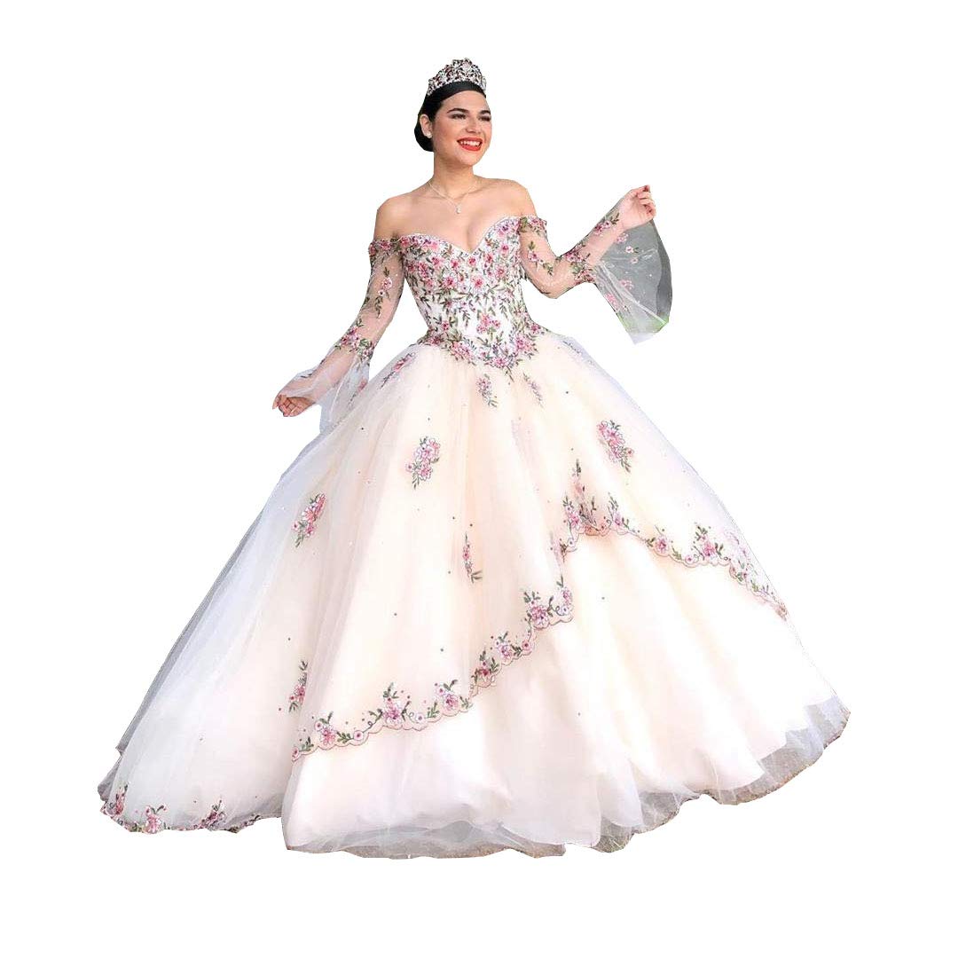 Emanni Women's Elegant Embroidery Quinceañera Dress - Ivory Tulle Sweet 15 Gown for Teen Girls | Perfect for Quinceañera Celebrations, Birthday Parties & Special Occasions