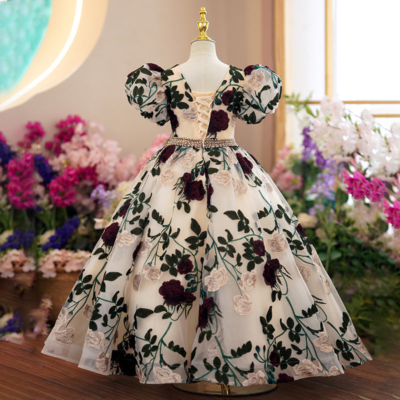 Baby Girl Communion Dress with Puff Sleeves & Rose Embroidery - Princess Wedding Party Dress for Christening, Baptism & Special Occasions