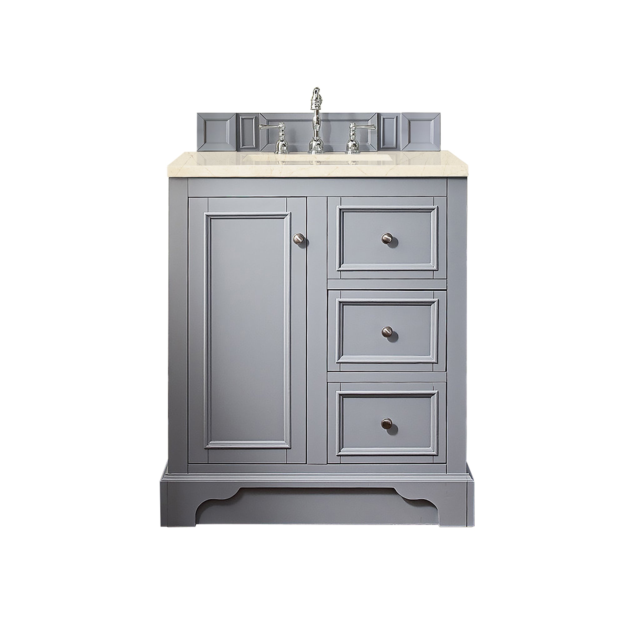 De Soto 30 Inch Single Bathroom Vanity with 3CM Eternal Marfil Quartz Top in Silver Gray - Modern Sink Cabinet for Small Bathrooms & Powder Rooms