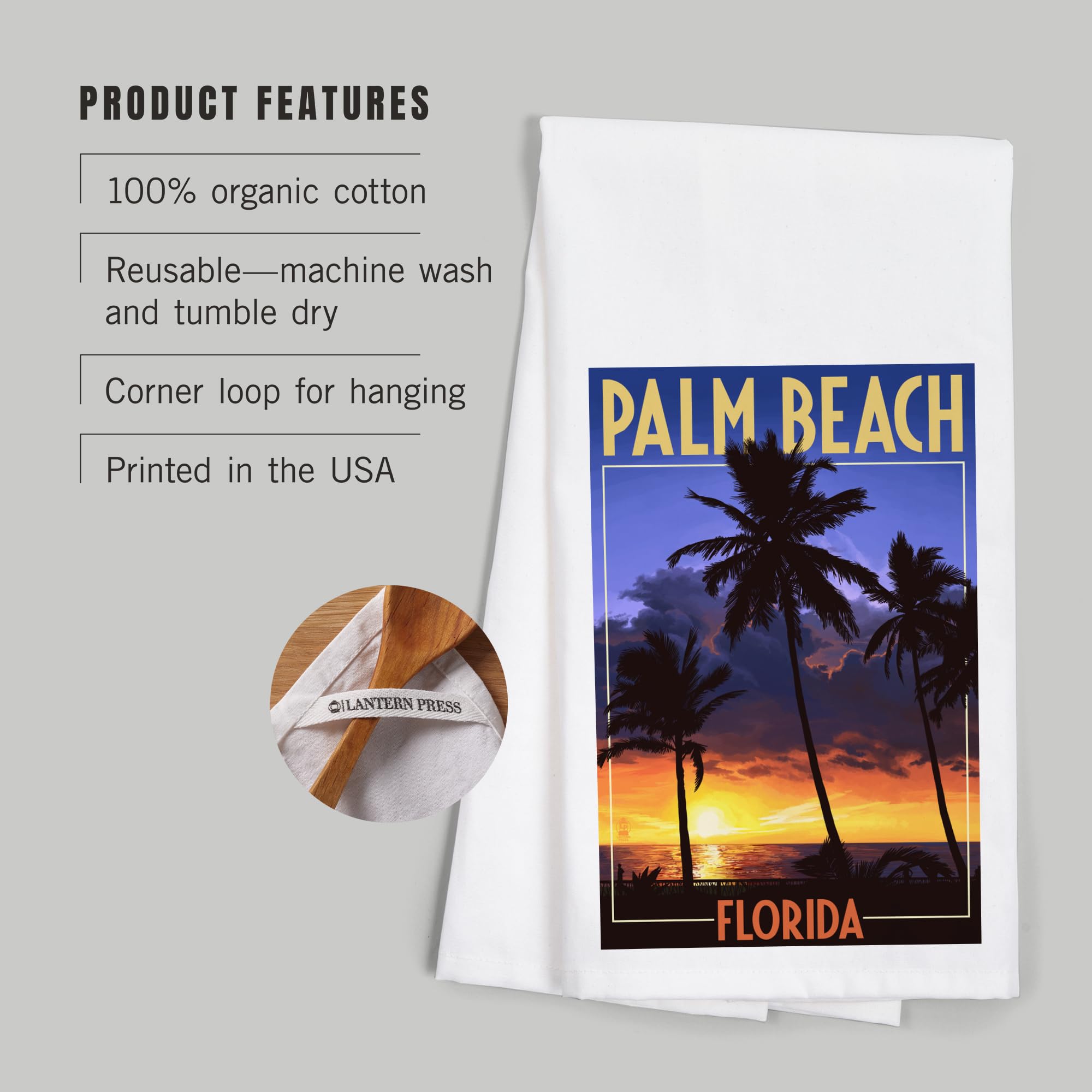 Lantern Press Palm Beach Florida Palms and Sunset 100% Cotton Tea Towel - Decorative Hand Towel for Kitchen, Bathroom & Home Decor - Perfect for Dish Drying, Gift Giving and Coastal Themed Decor