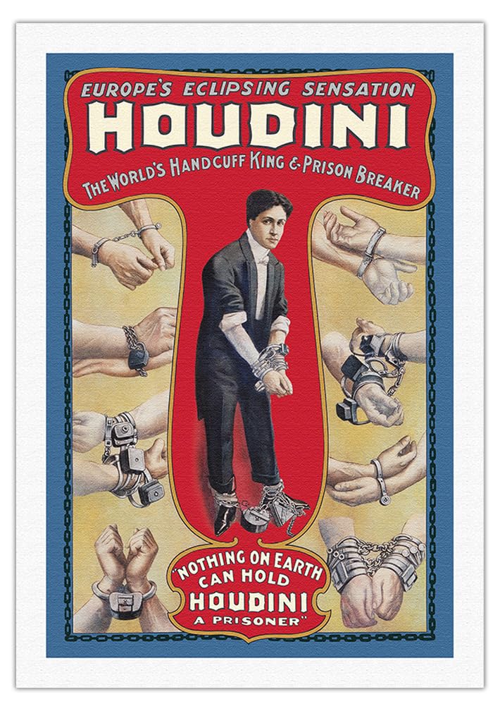 Harry Houdini Vintage Magic Poster - World's Handcuff King & Escape Artist - 1905 Fine Art Canvas Print 27x40 Inches - Perfect for Magic Shows, Theater Decor & Collector's Wall Art
