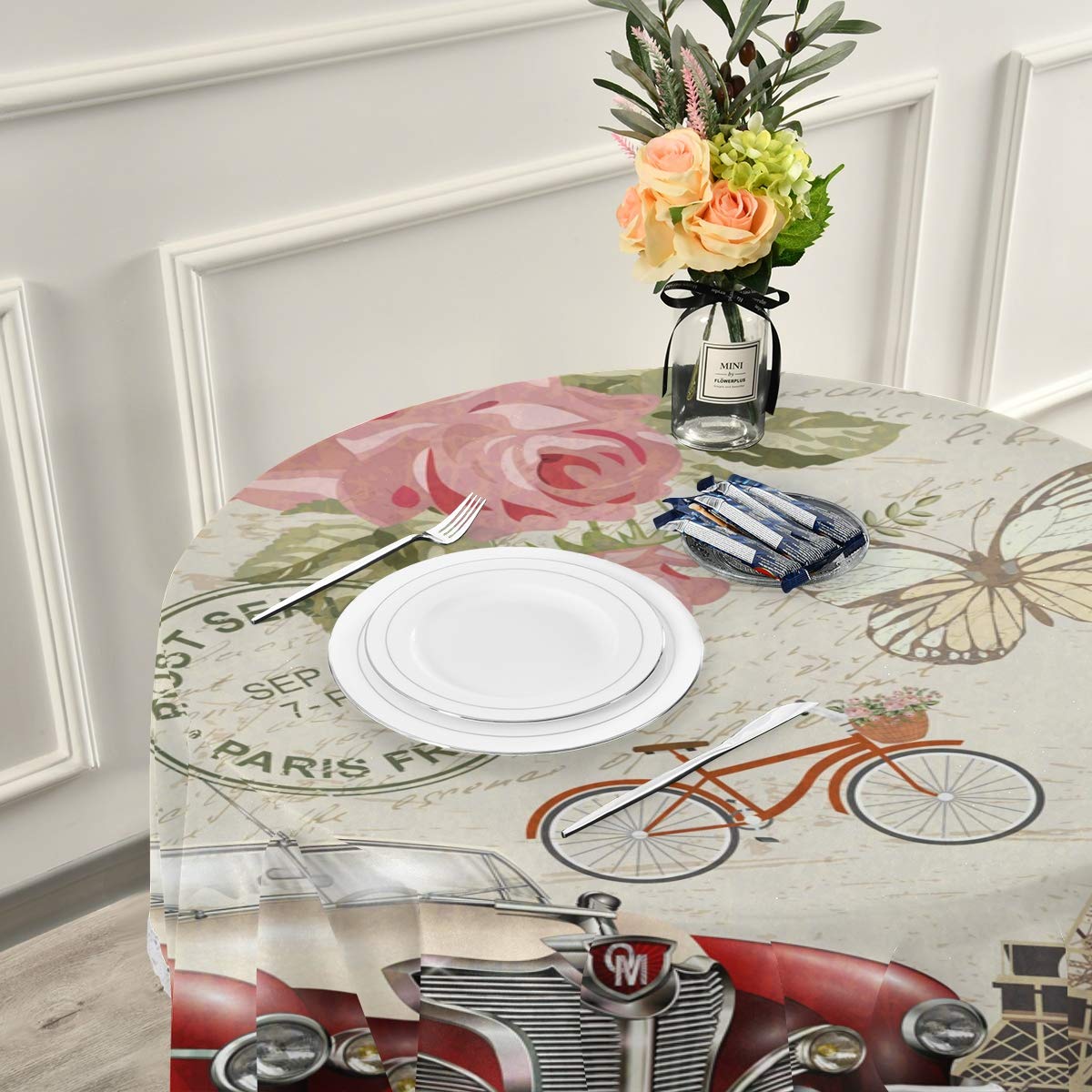 AUUXVA Round Tablecloth - Washable Polyester Paris Eiffel Tower Rose Floral Design Table Cover for Buffet, Kitchen, Dining Room & Party Decor | Perfect for Home Decorations, Wedding Receptions & Outdoor Events