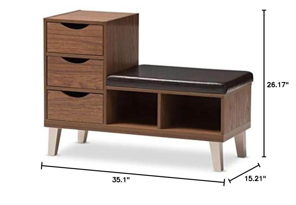 Hawthorne Collections 3-Drawer Shoe Storage Bench - Walnut Wood with Padded Leatherette Seat & 2 Open Shelves | Entryway Organizer for Shoes, Hats & Accessories | Perfect for Bedroom, Closet or Mudroom Storage Solution