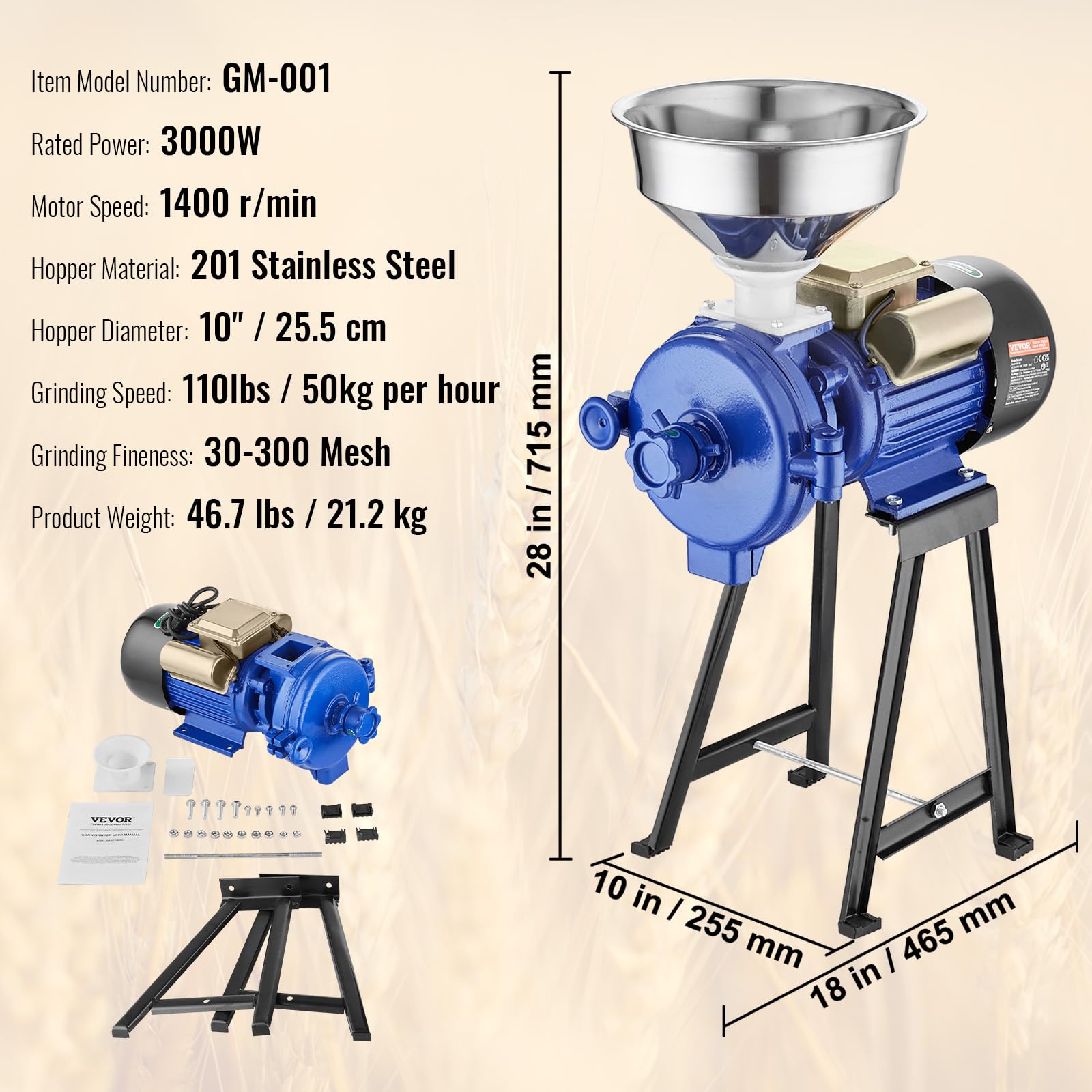 VEVOR 3000W Commercial Electric Grain Mill Grinder - Adjustable Corn Wheat Spice Grinder with Funnel for Flour, Cereal & Feed | Heavy Duty Powder Machine for Home, Bakery & Restaurant Use