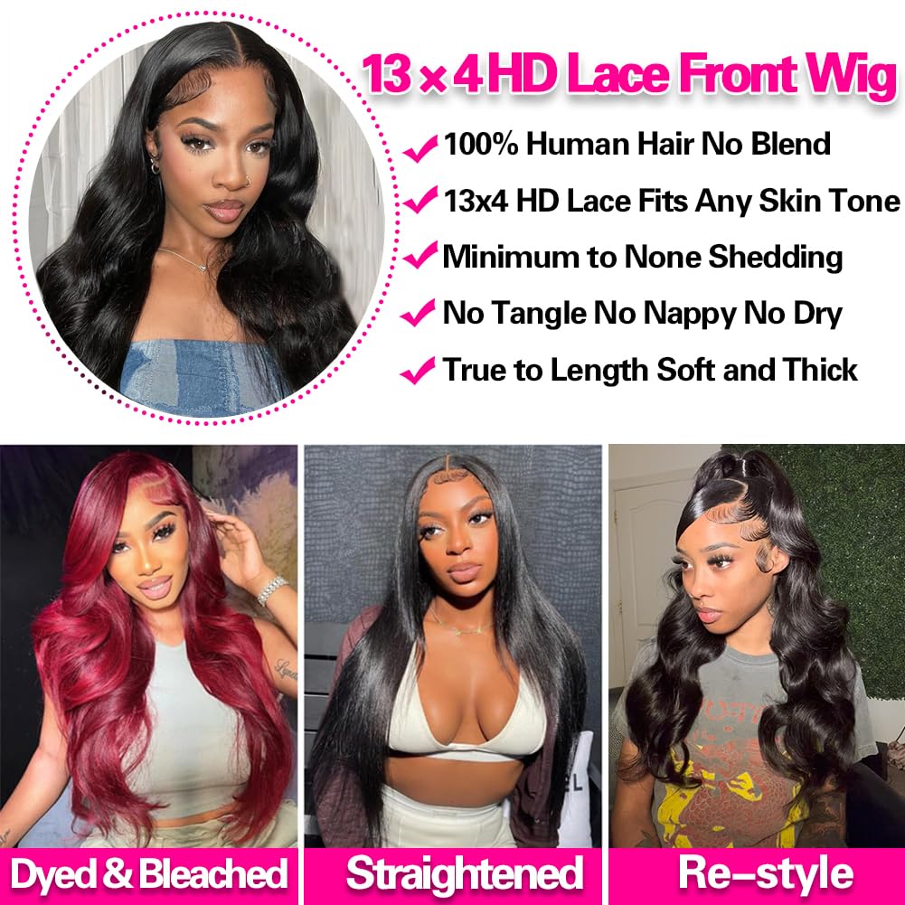30 Inch Body Wave Lace Front Wigs Human Hair 200% Density HD Lace Frontal Wigs - Pre Plucked Natural Hairline, Small Knots, Tangle & Shedding Free - Soft & Thick Virgin Hair for Black Women - Perfect for Daily Wear, Cosplay, Parties & Special Occasions