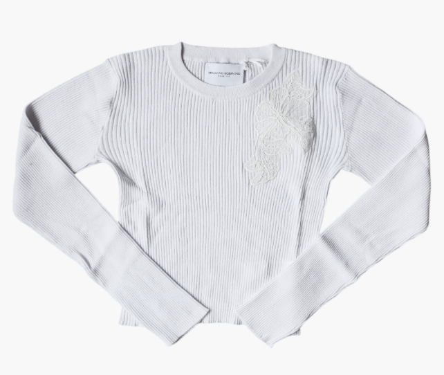Ermanno Scervino Long Sleeve Rib Knit Lace Top for Women - Size 12 (16A) - Elegant Blouse for Evening Parties, Date Nights & Special Occasions