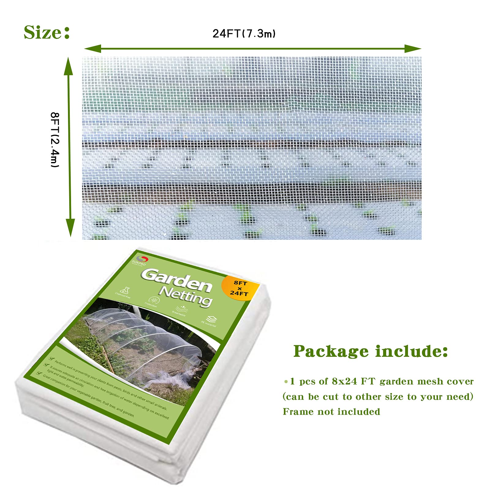 8x24Ft Garden Netting Pest Barrier - Mosquito & Bird Protection Mesh for Raised Beds, Row Covers | Durable Plant Cover for Vegetable Gardens, Fruit Trees & Outdoor Plants