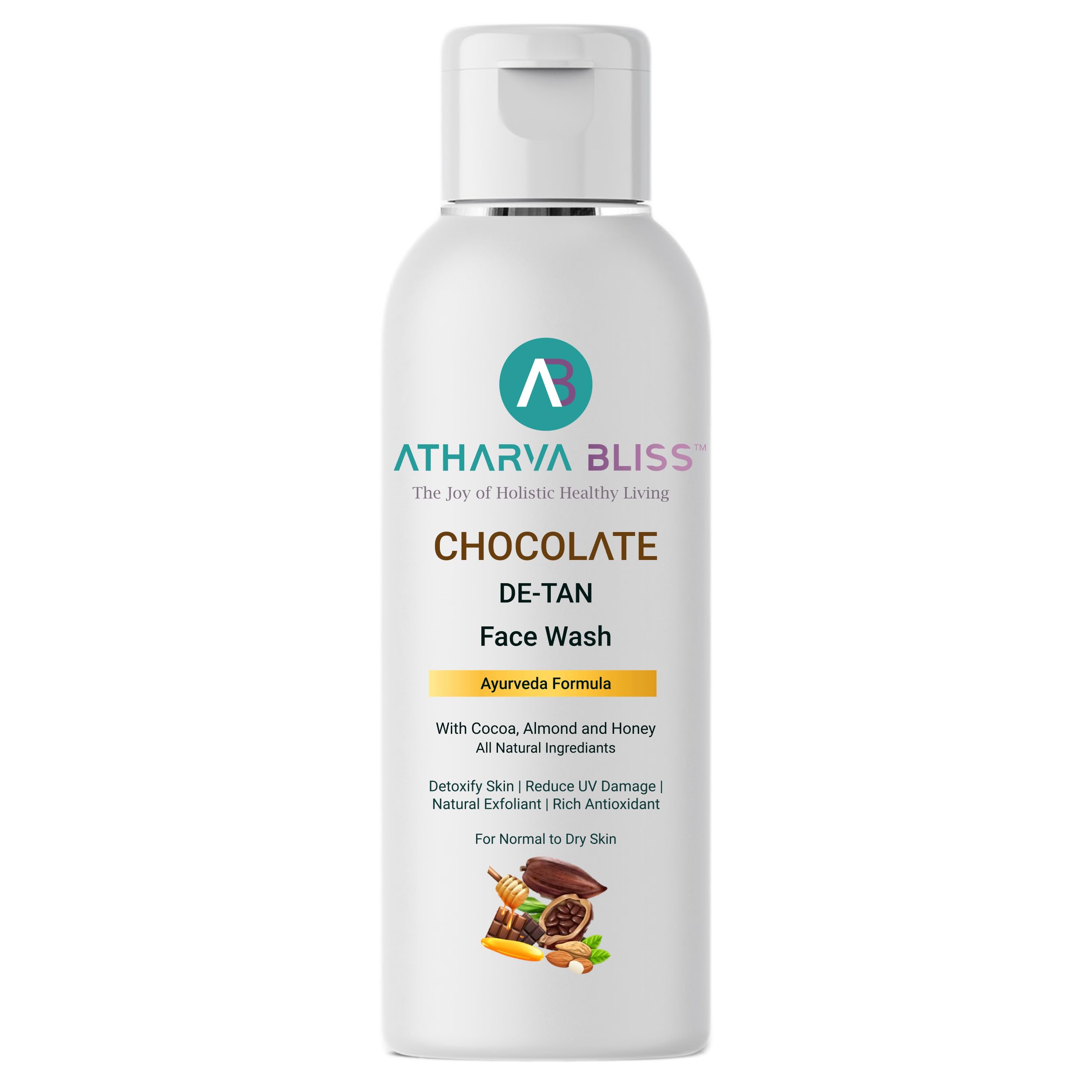 Atharva Bliss Chocolate De-Tan Natural Face Wash with Cocoa, Almond & Honey for Normal to Dry Skin | Sulfate & Paraben Free (200ml) | Brightening & Hydrating Facial Cleanser for Daily Skincare Routine