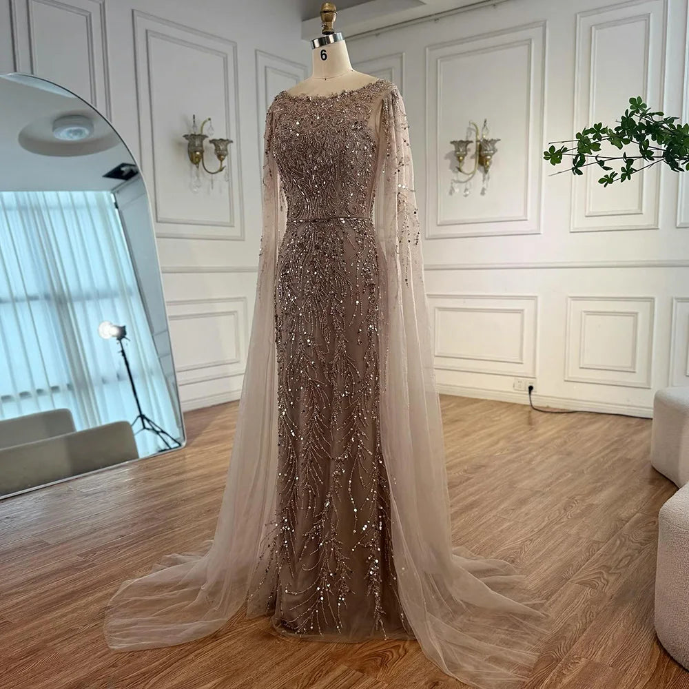Elegant Beaded Caramel Evening Gown with Cape Sleeves - LA73078 | Perfect for Formal Events, Galas & Red Carpet Occasions