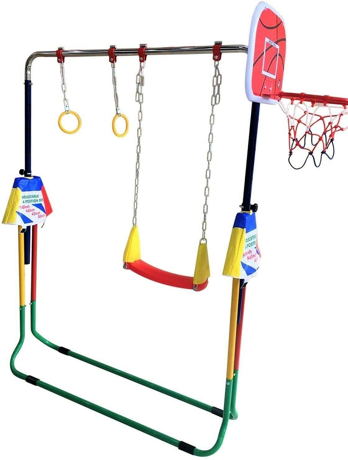 4-in-1 Kids Jungle Gym Set - Adjustable Monkey Bars, Swing Set, Trapeze Rings & Basketball Net - Foldable Horizontal Gymnastics Playground Equipment for Backyard, Indoor & Outdoor Kids Activities