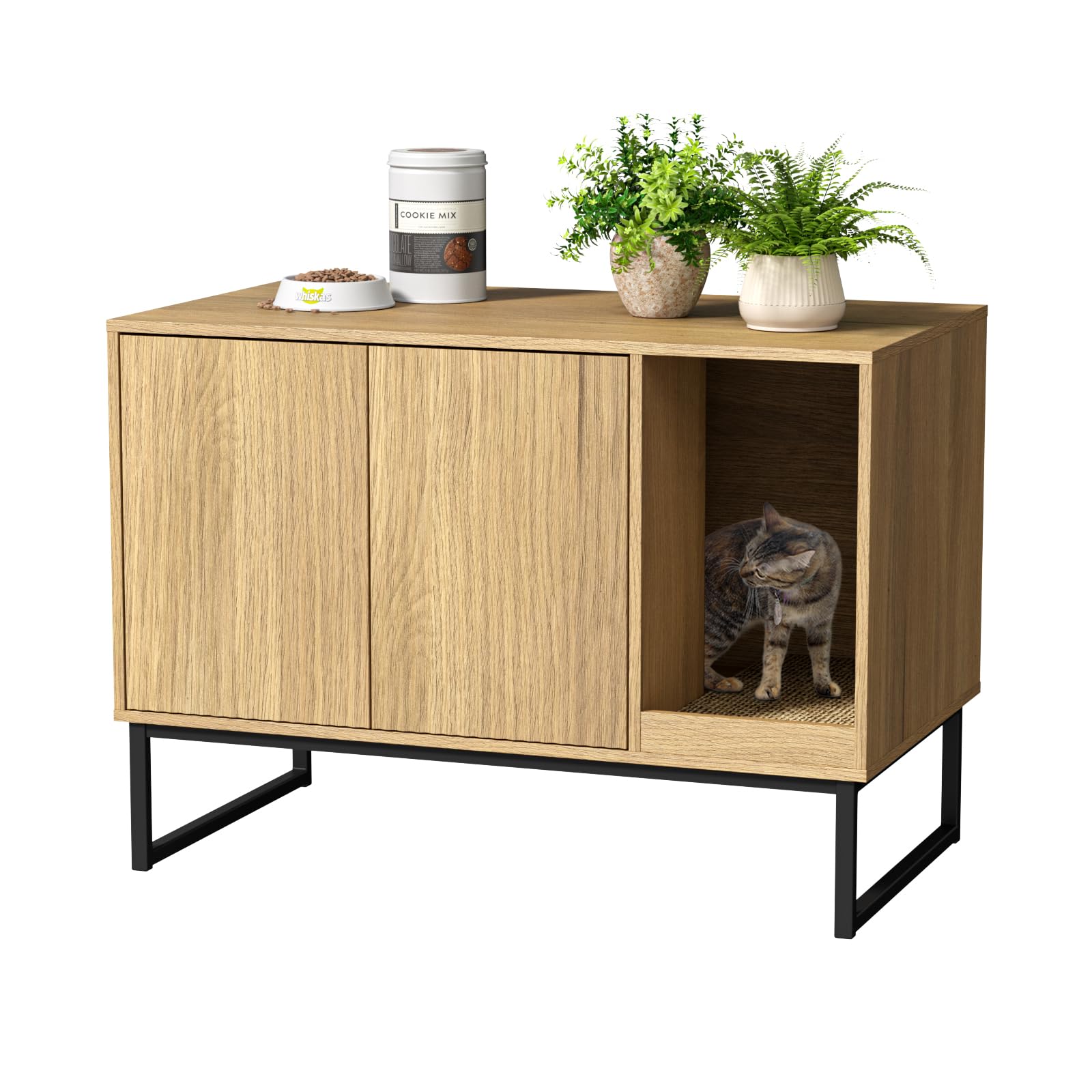 Modern Cat Litter Box Enclosure Furniture - Hidden Fluted Design with Scratch Pad & Sturdy Metal Legs, 31.5