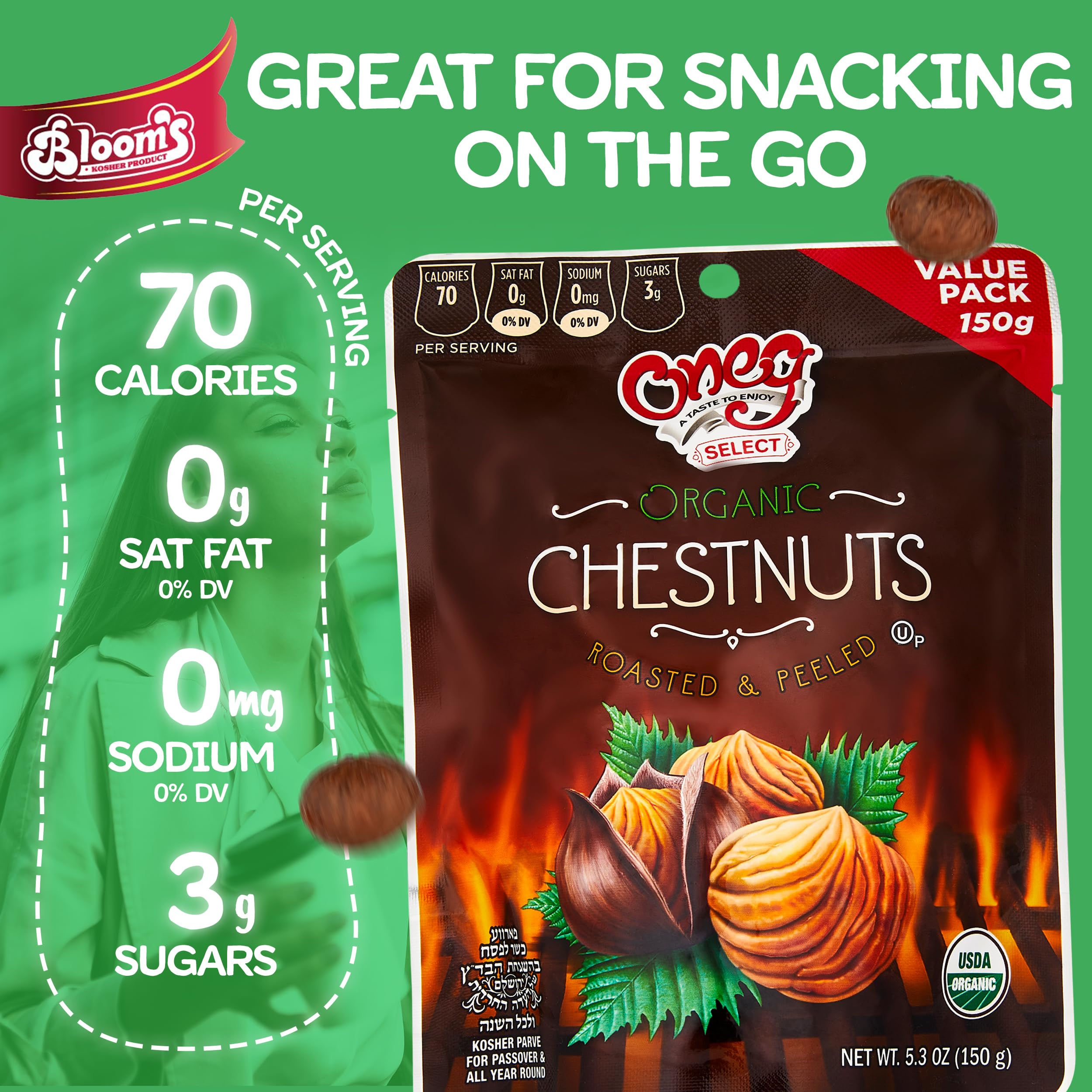 Organic Roasted & Peeled Chestnuts - Healthy Gluten-Free Vegan Snack, Ready to Eat, No Sodium or Sugar Added, 12 Pack (63.6oz) - Perfect for Hiking, Camping & Healthy On-the-Go Snacking