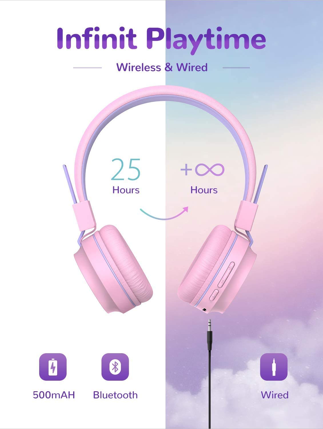iClever Kids Bluetooth Headphones with Colorful LED Lights, Built-in Mic & Volume Control - Foldable On-Ear Wireless Headphones for Children - Perfect for School, Travel, Online Classes & Gaming