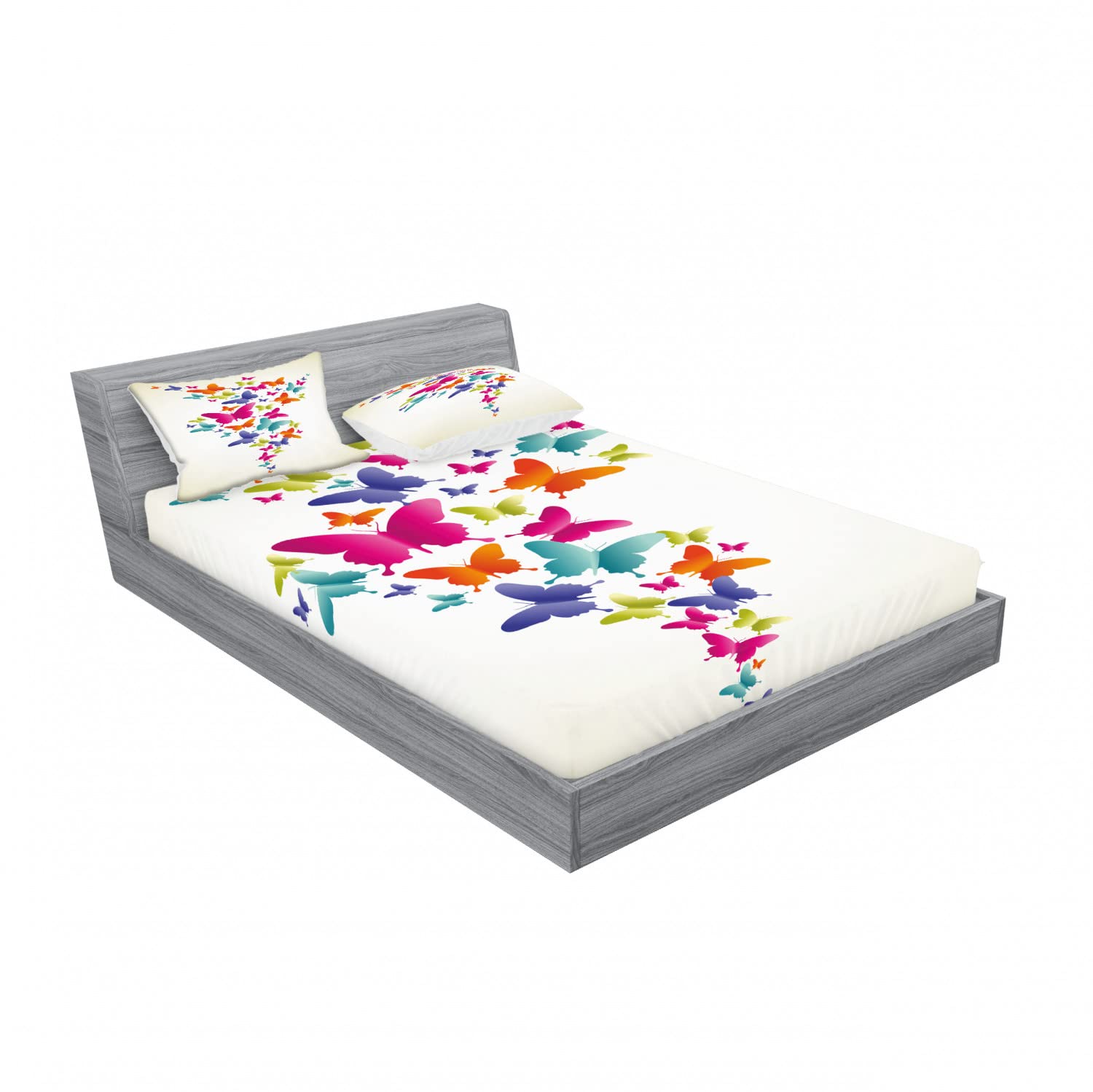 Ambesonne 2-Pack Fitted Sheet & Pillow Sham Set - Vibrant Butterfly Design, 4-Piece Bedding Collection (Includes 2 Queen Fitted Sheets & 4 Pillow Covers) - Spring Home Decor for Master Bedroom, Guest Room & Dorm