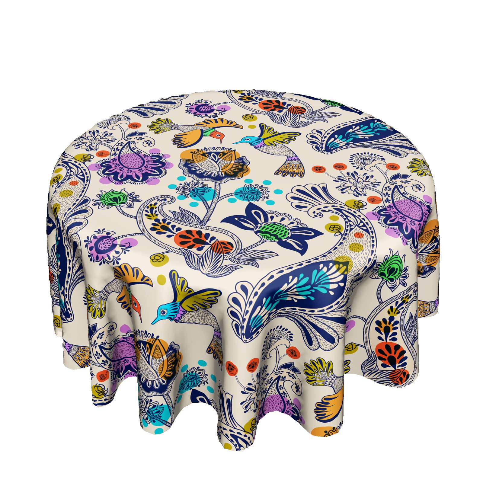 Stylish Paisley Floral Bird Print Waterproof Round Tablecloth - 60 Inch for Wedding, Party, Dining, Holiday & Banquet Decor - Perfect for Indoor and Outdoor Events