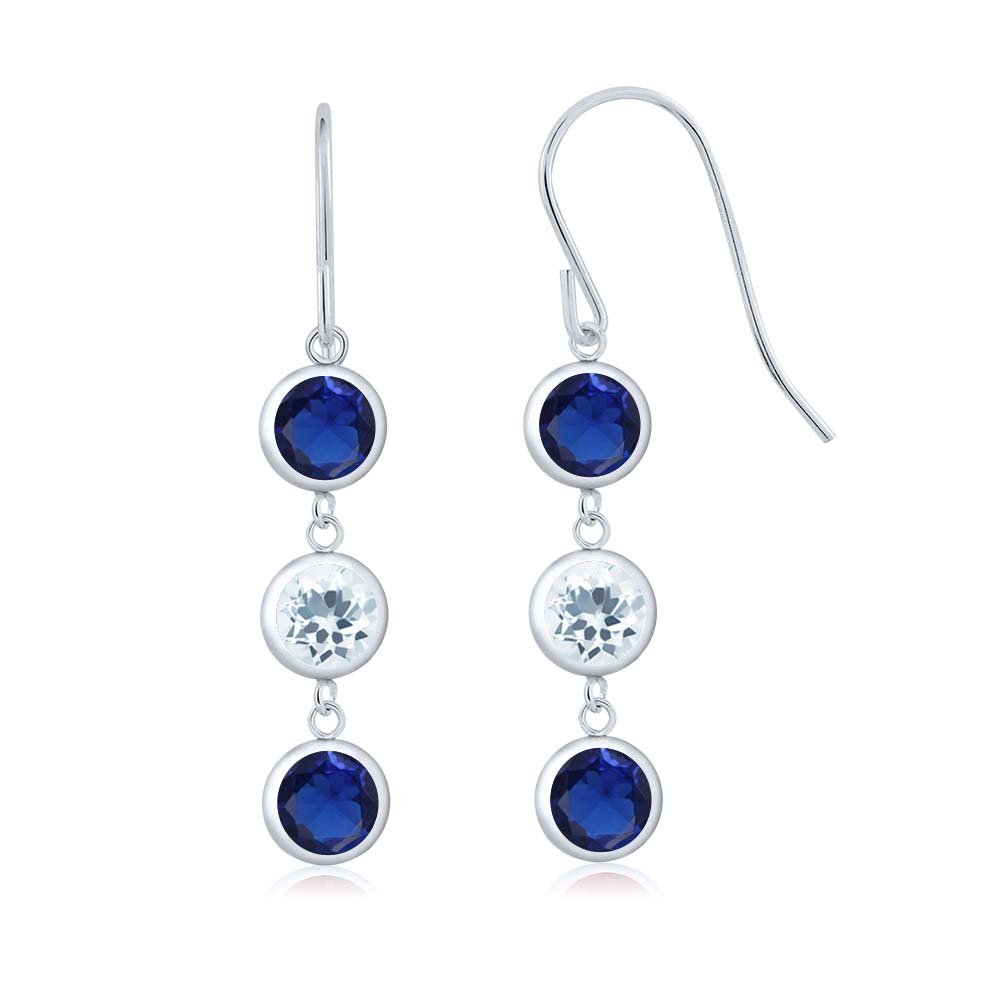3.20 Ct Blue Created Sapphire & Sky Blue Aquamarine 925 Sterling Silver 3-Stone Dangle Earrings for Women | Elegant Jewelry Gift for Birthday, Anniversary & Special Occasions