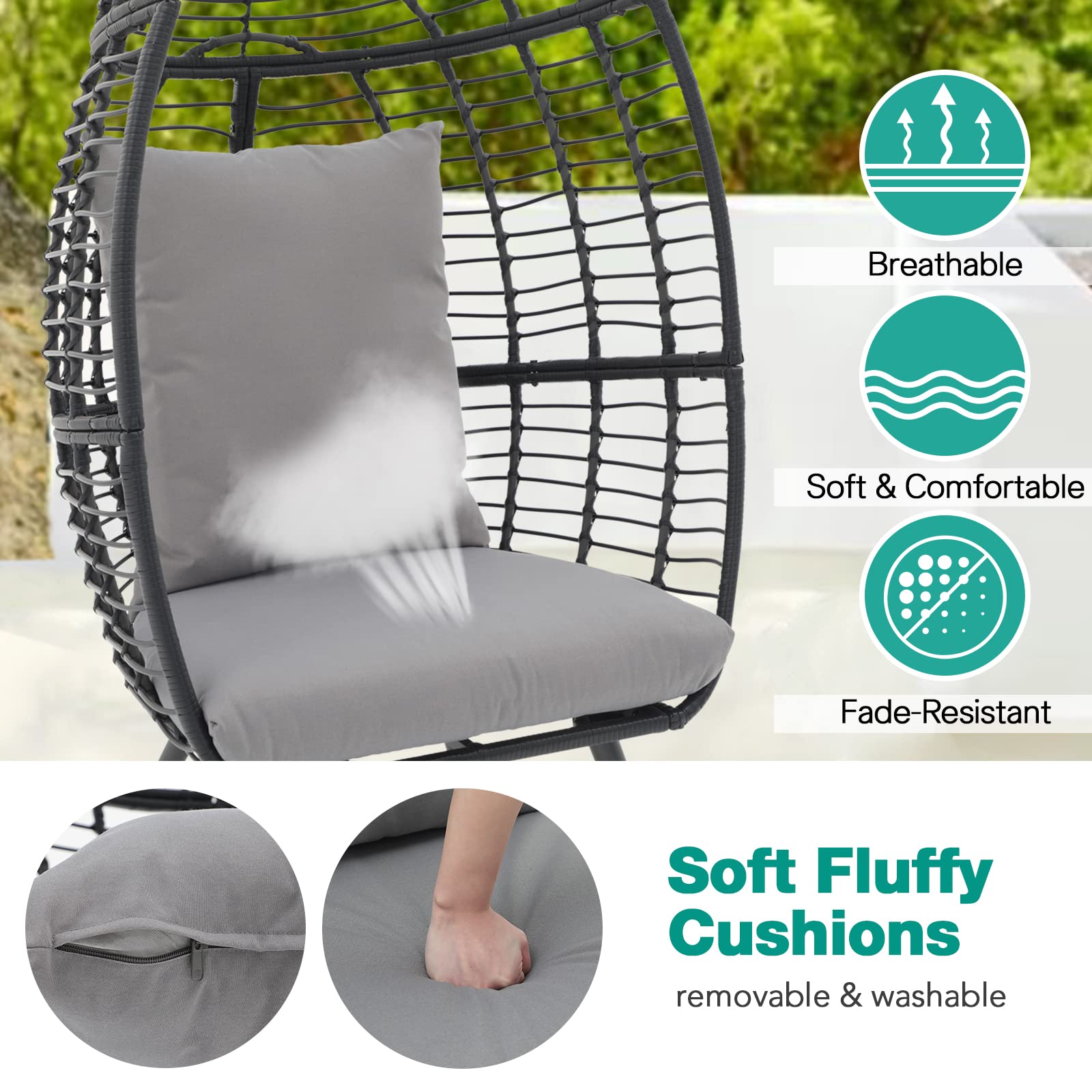 Patiorama Wicker Egg Chair for Outdoor & Indoor Use - Rattan Lounge Chair with Cushion & Sturdy Legs - 350 lbs Capacity Basket Weave Chair for Bedroom, Living Room, Porch, Garden (Grey) - Perfect for Relaxing in Your Backyard or Sunroom