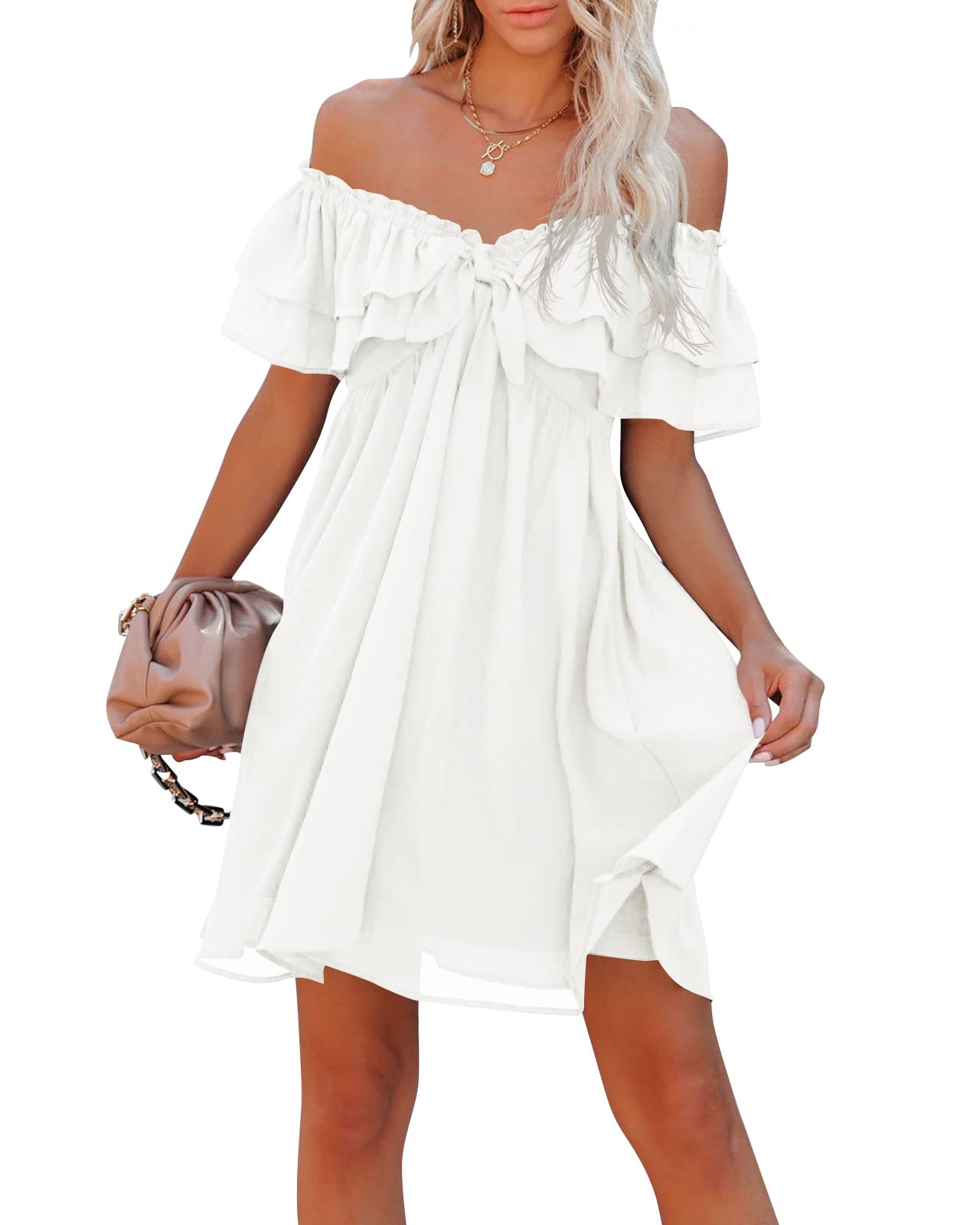 Sexy Off Shoulder Dress for Women - Casual Loose Party Beach Cocktail Double Ruffle Layer Chiffon Dress - Perfect for Summer Parties, Beach Vacations & Date Nights