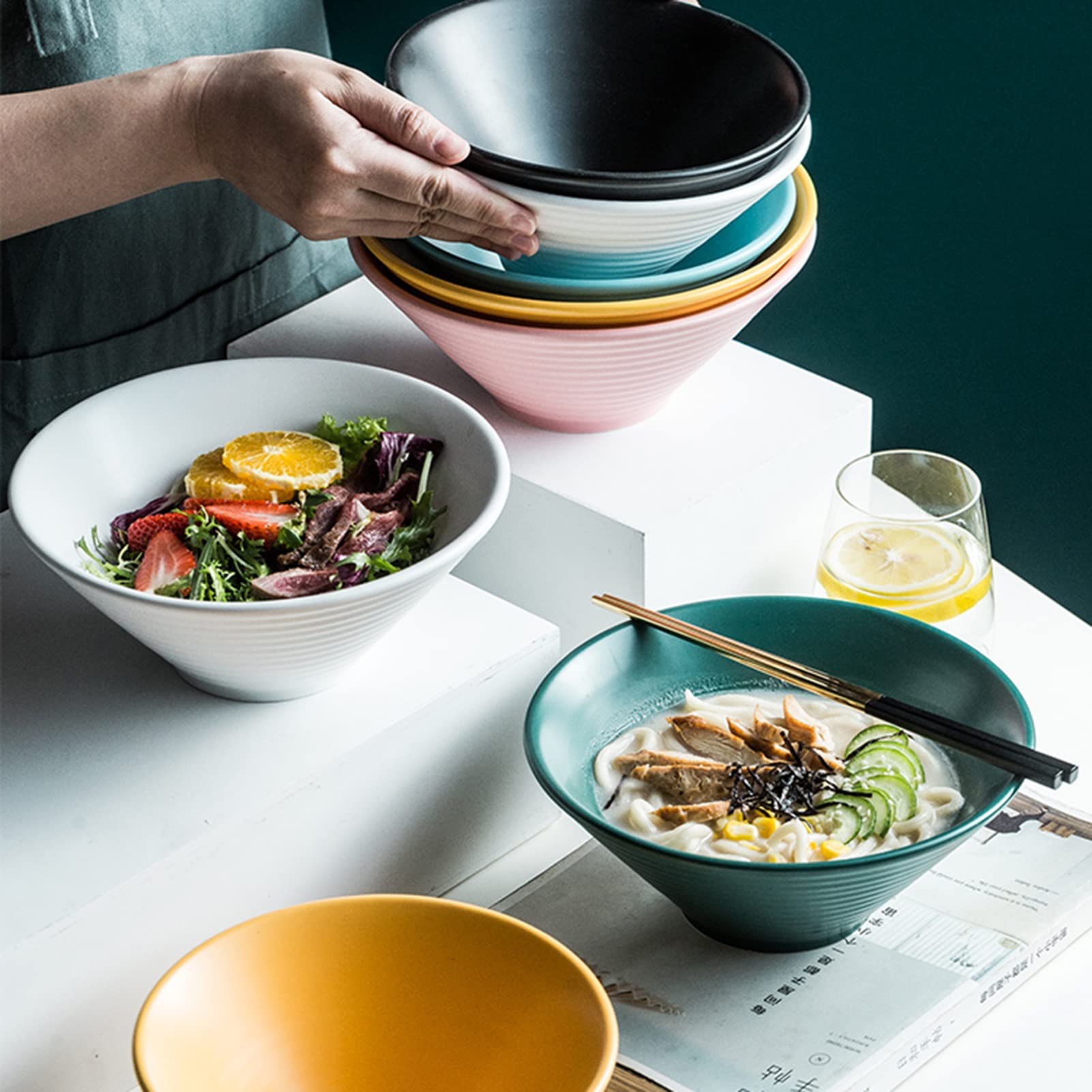 Premium Ceramic Ramen Bowl Set - 8pcs Unbreakable Large Soup & Rice Bowls, Microwave & Dishwasher Safe, Thickened Household Tableware (Multicolor) - Perfect for Asian Noodles, Pho, Udon, Soups & Family Dining