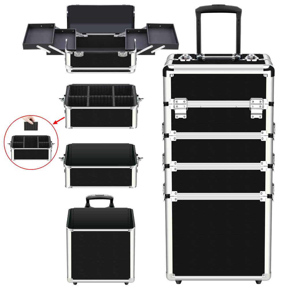 OUDMAY Professional 4-in-1 Makeup Train Case - Aluminum Frame Cosmetic Rolling Organizer with Folding Trays | Perfect for Travel, Salon & Makeup Artists