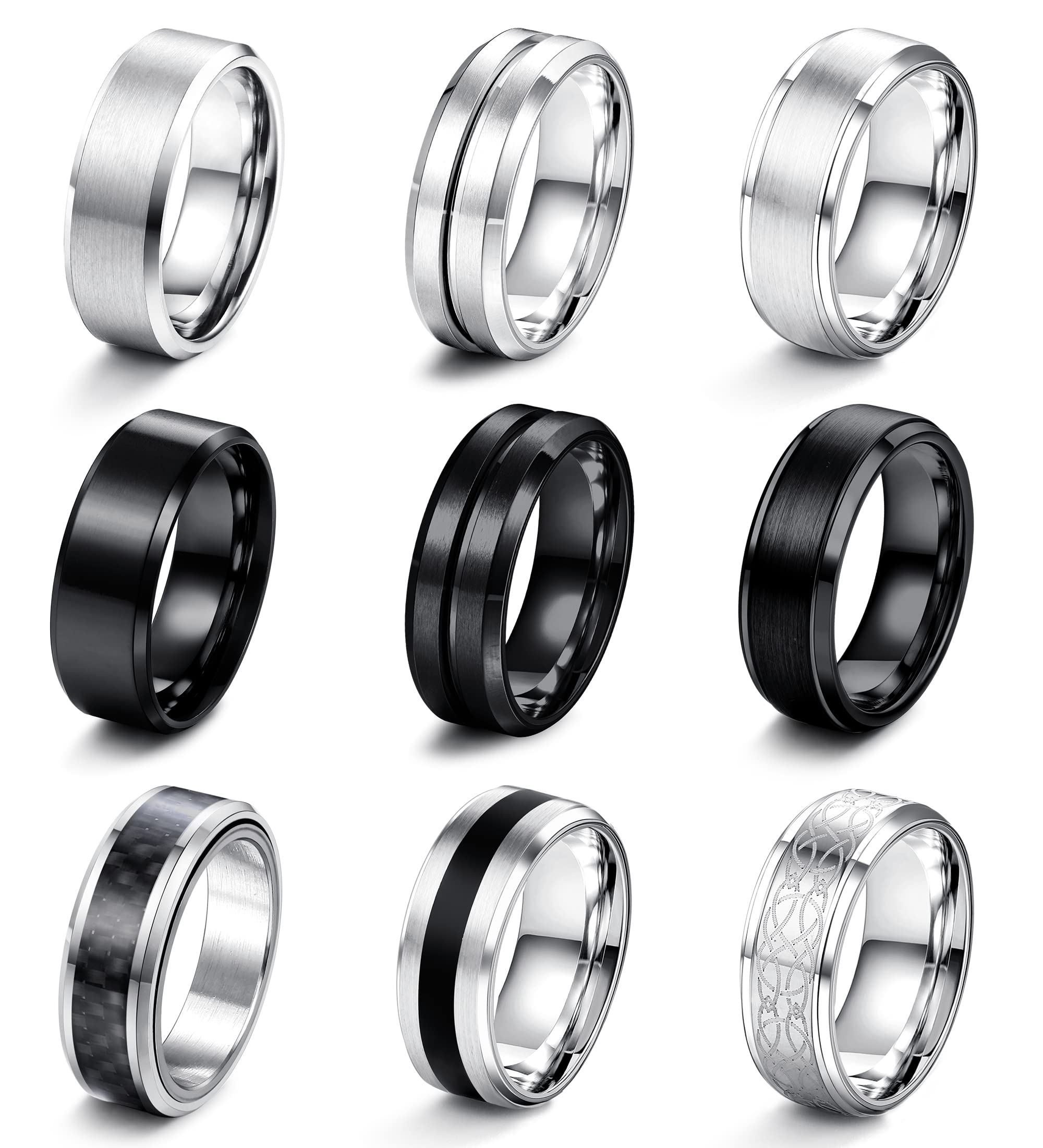 LOLIAS 9-Piece Stainless Steel Men's Rings Set - Silver & Black Matte Finish Polished Band Rings, Bottle Opener Rings, Wedding Bands, Engagement & Promise Rings, Vintage Fidget Rings for Men - Perfect for Gifts, Weddings, Parties & Everyday Wear