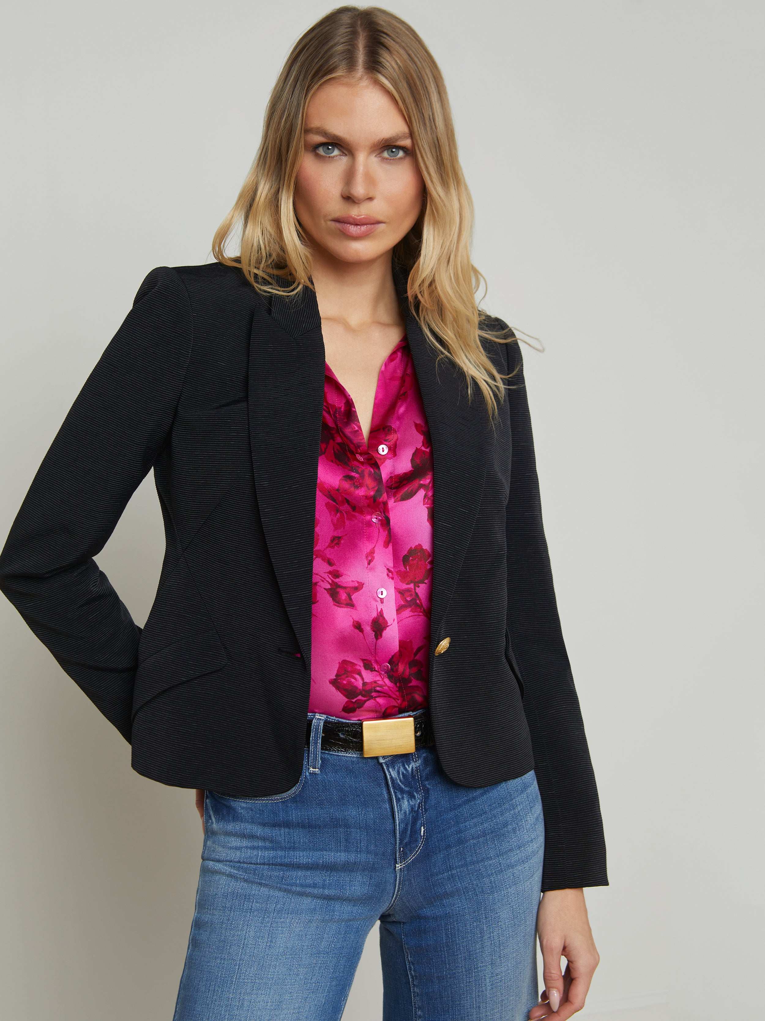 Jennah Women's Black Blazer with Rosa Chinensis Embroidery - Elegant Office Wear & Formal Attire for Business Meetings