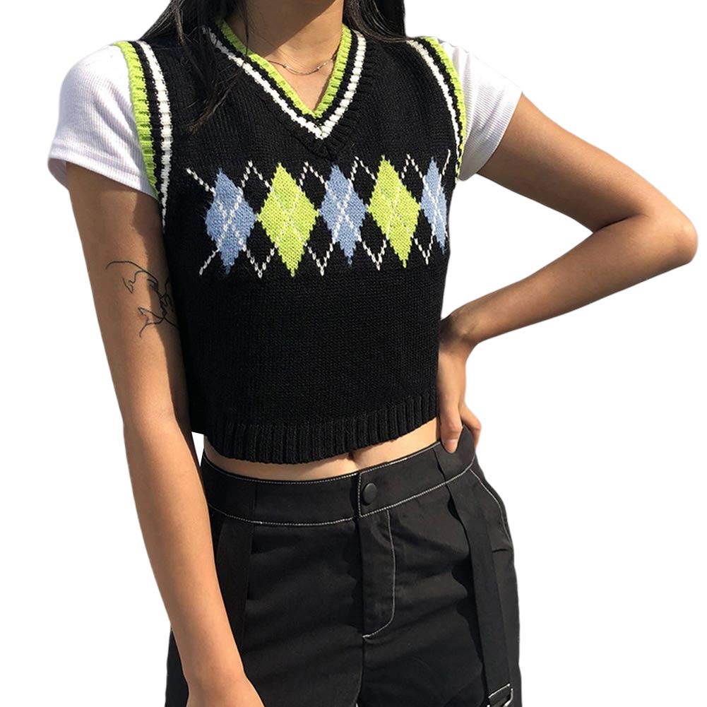 Stylish Vintage Geometric Argyle V-Neck Sleeveless Women's Sweater Vest | Autumn Knitted Pullover | Casual Outfits, Office Wear & Fall Layering