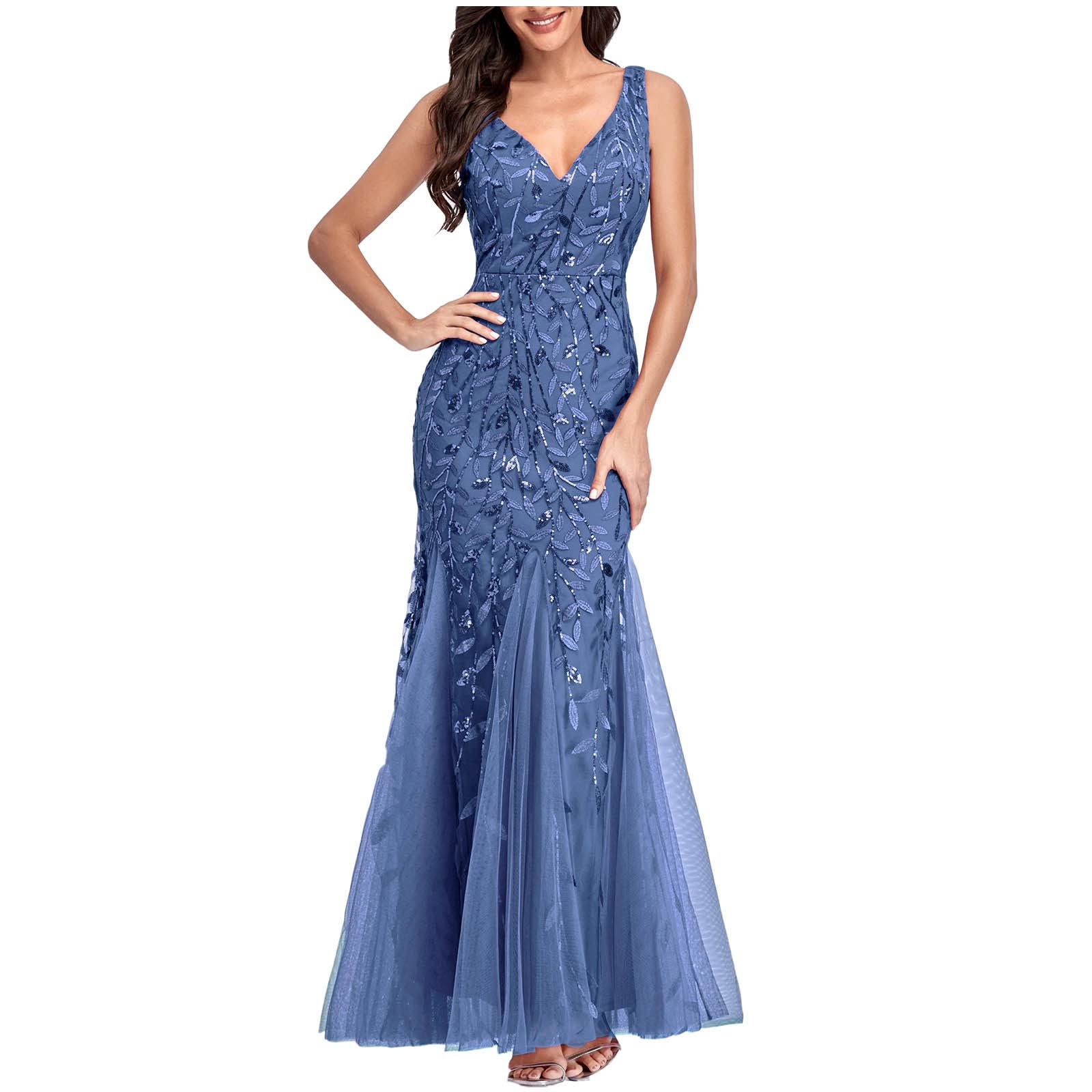 Elegant V-Neck Embroidery Sleeveless Prom Dress for Women | Tiered Mermaid Evening Gown | Perfect for Wedding Guest, Party & Formal Events