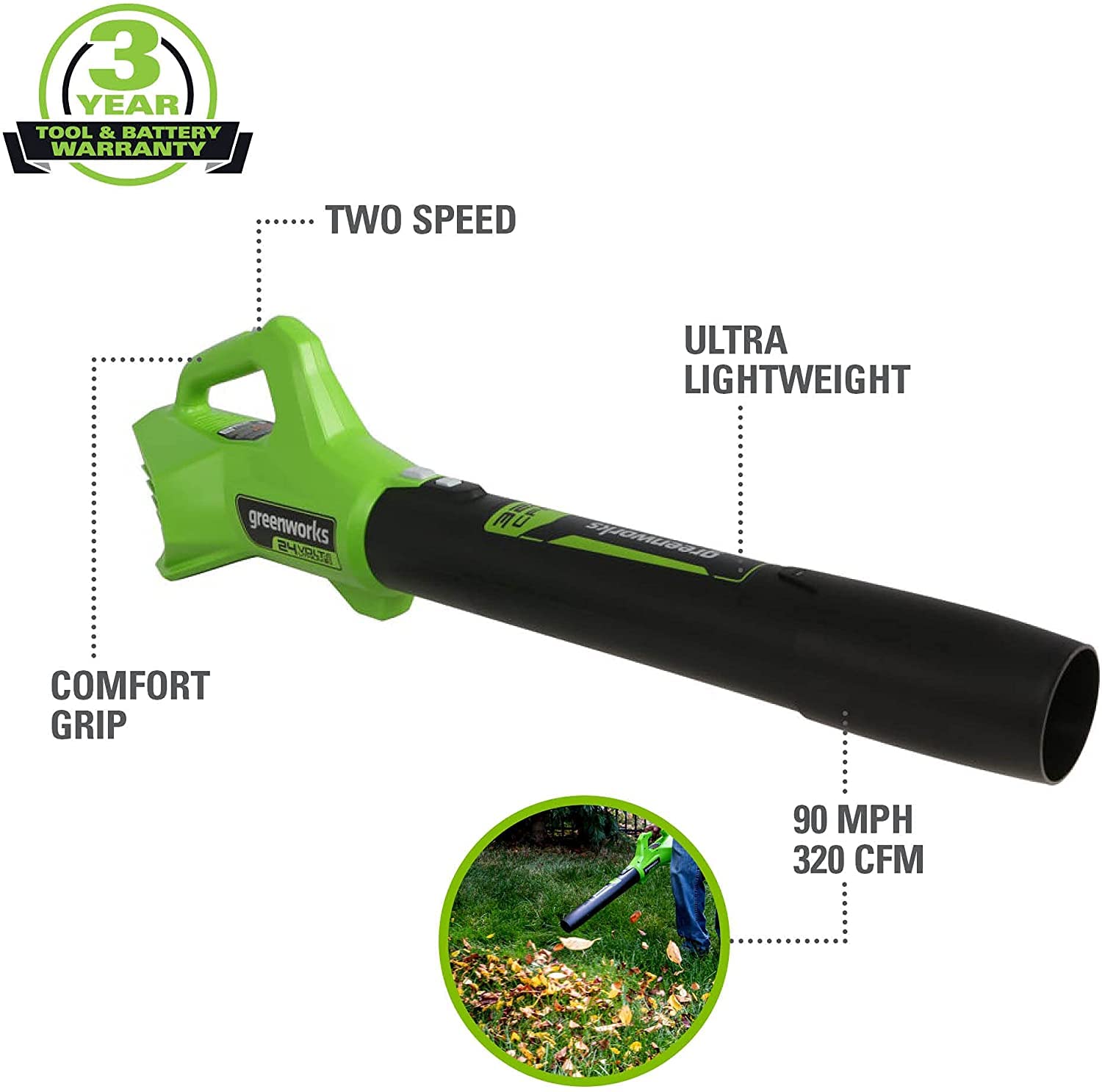 Greenworks 24V Cordless Shrub Shear & Axial Blower Combo Kit with 1.5Ah USB Battery & Charger - 90 MPH/320 CFM Power for Landscaping, Yard Trimming & Garden Maintenance