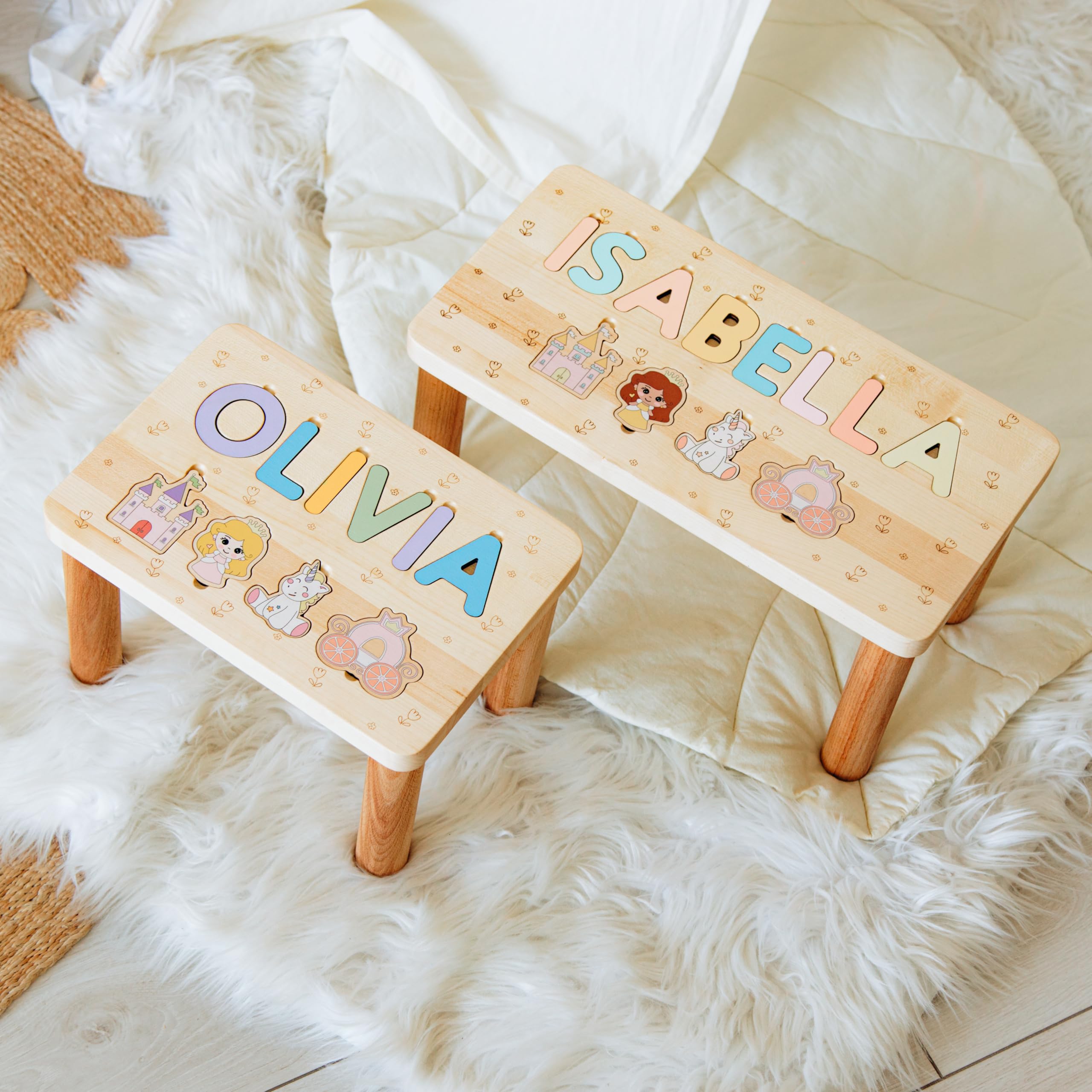 Personalized Wooden Name Puzzle Stool for Toddlers - Custom Step Stool for 1 2 3 Year Olds - Unique Baby Girl Birthday Gift & Baptism Present - Montessori Learning Chair for Bathroom, Bedroom & Playroom