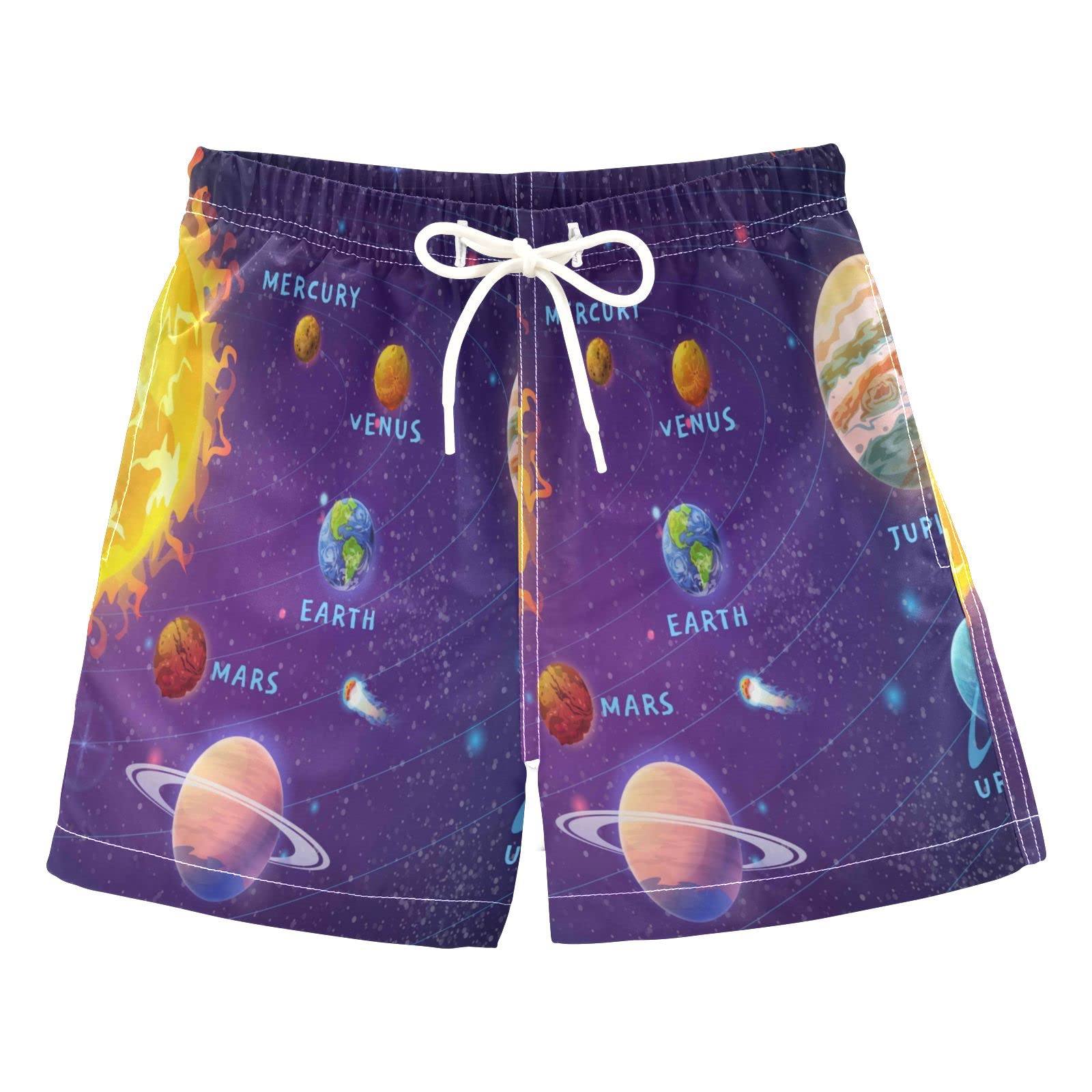 ASLSIY Solar System Planets Boys' Swim Trunks - Quick Dry Beach Board Shorts for Kids with Adjustable Waist (2T-16) - Perfect for Swimming, Surfing & Summer Vacations