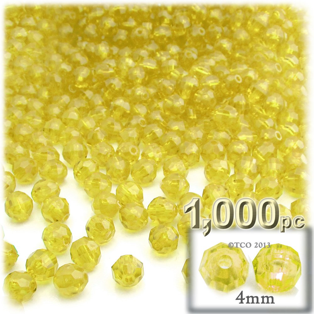 1,000pc 4mm Faceted Plastic Transparent Round Beads - Acid Yellow for Jewelry Making, DIY Crafts, Bracelets & Necklaces