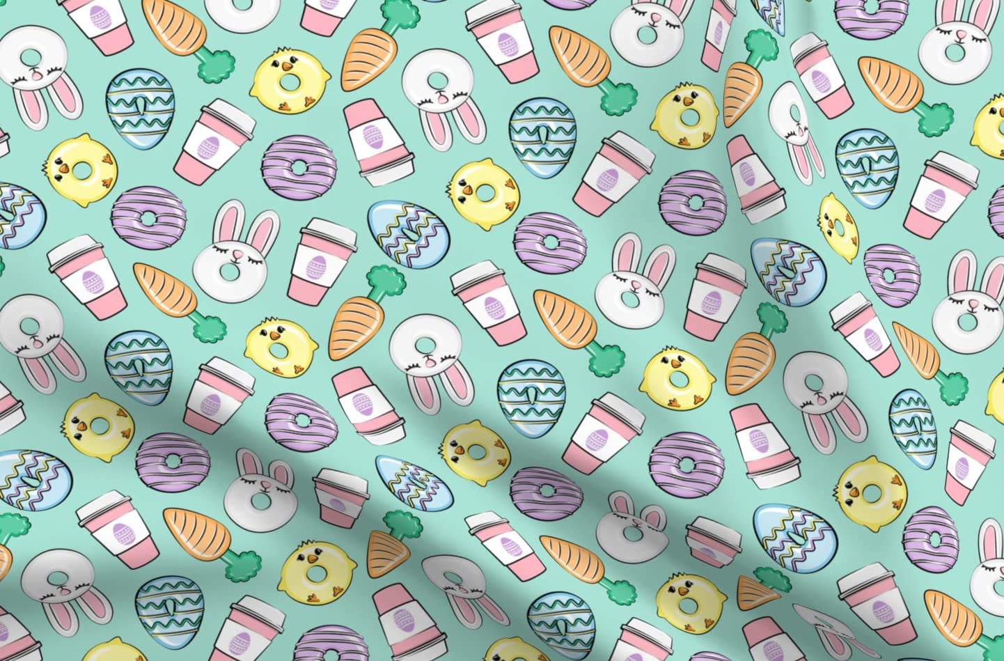 Easter Donuts Coffee Aqua Spring Bunny Rabbit Chick Carrot Printed Velvet Upholstery Fabric - Fat Quarter for Home Decor, Apparel & DIY Projects | Perfect for Easter Crafts, Throw Pillows & Table Runners