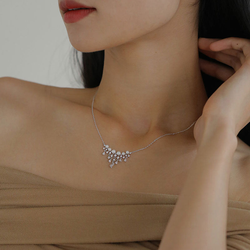 Elegant Pearl Waterfall Necklace with Sparkling Teardrop CZ Stones | R0308 | Perfect for Weddings, Parties & Special Occasions