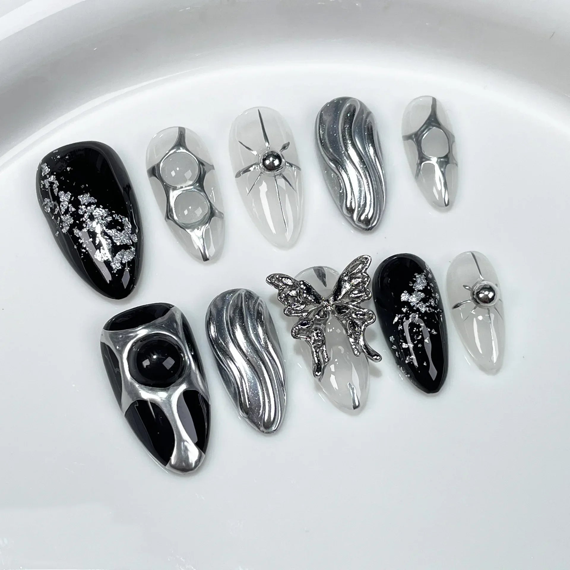 10Pcs Metallic Almond Press-On Fake Nails with Glue - Dark Color Full Cover False Nails for Manicure | Sweet & Cool Gel Nail Tips for Party, Wedding, Date Night & Special Occasions