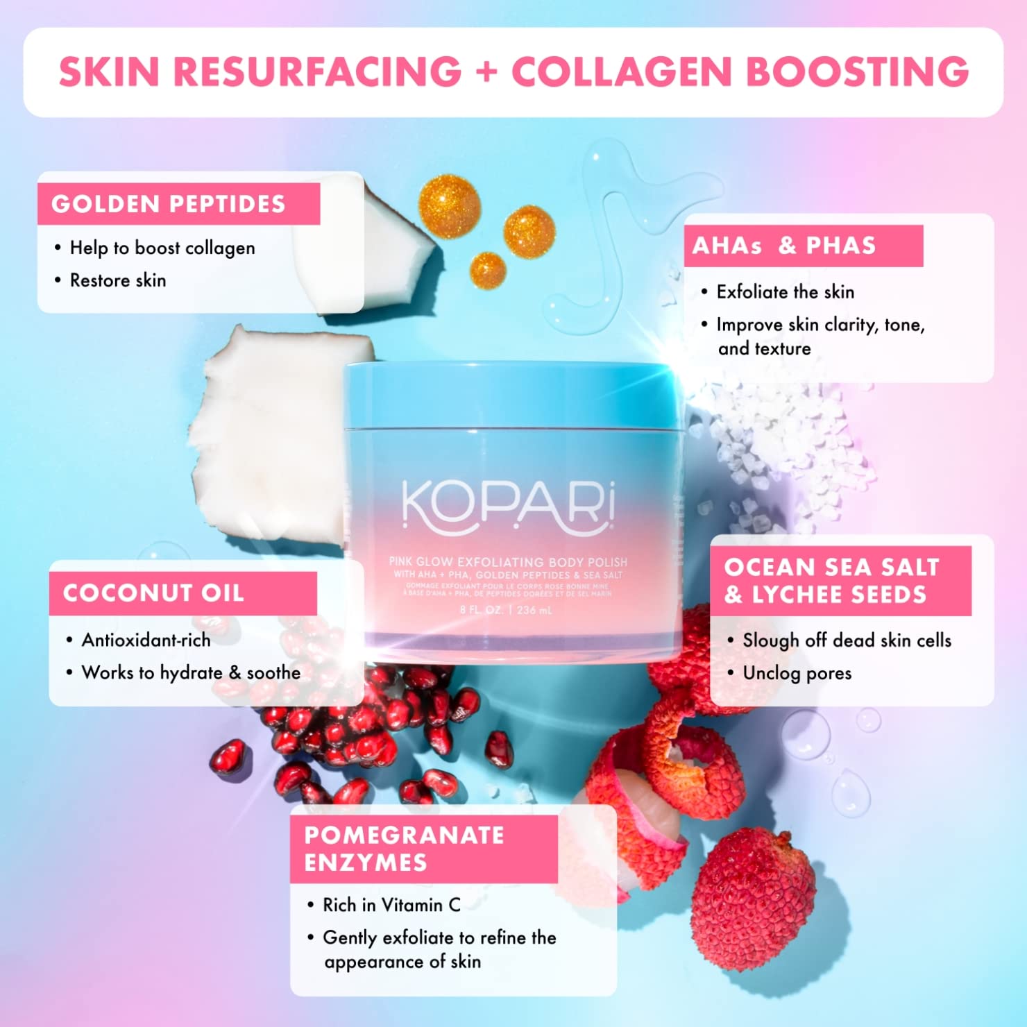 Kopari Exfoliating Body Scrub - Natural Vegan Body Polish with AHA for Smooth Skin, Pink Haze Scent, 8oz - Perfect for Dry Skin & Pre-Shave Exfoliation