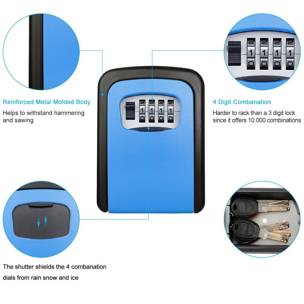 ELEOPTION 4 Digit Combination Key Lock Box - Wall Mount Safe Key Storage for Home, Office, Car & Outdoor Use | Weatherproof Key Locker with Secure Code Lock (Blue) - Perfect for Vacation Rentals, Airbnb Hosts & Property Management